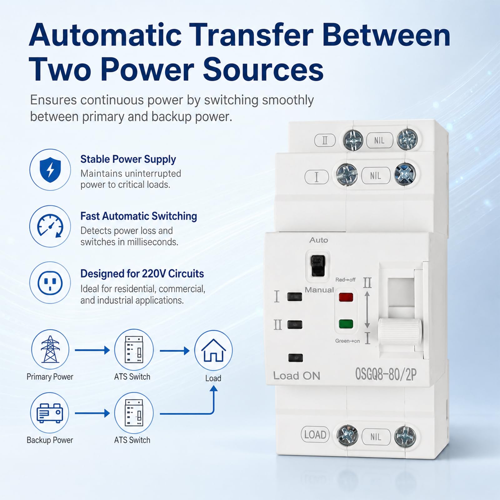 Interruttore di trasferimento automatico 2P 63A 220V su guida DIN ATS, commutatore elettrico Dual Power, interruttore di trasferimento automatico, interruttore di alimentazione di emergenza con alta