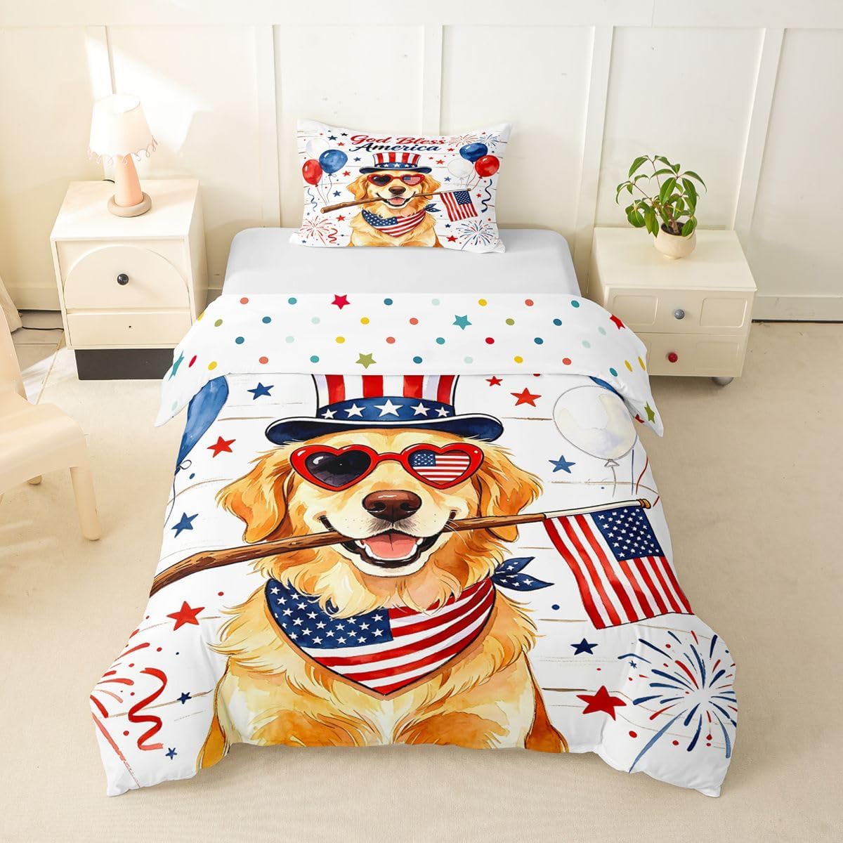 Erosebridal America Duvet Cover Set Patriotic Golden Retriever Girl Toddler Bedding Set for Preteen Boys Girls 4th of July Comforter Cover American Flag Dog Bed Sets