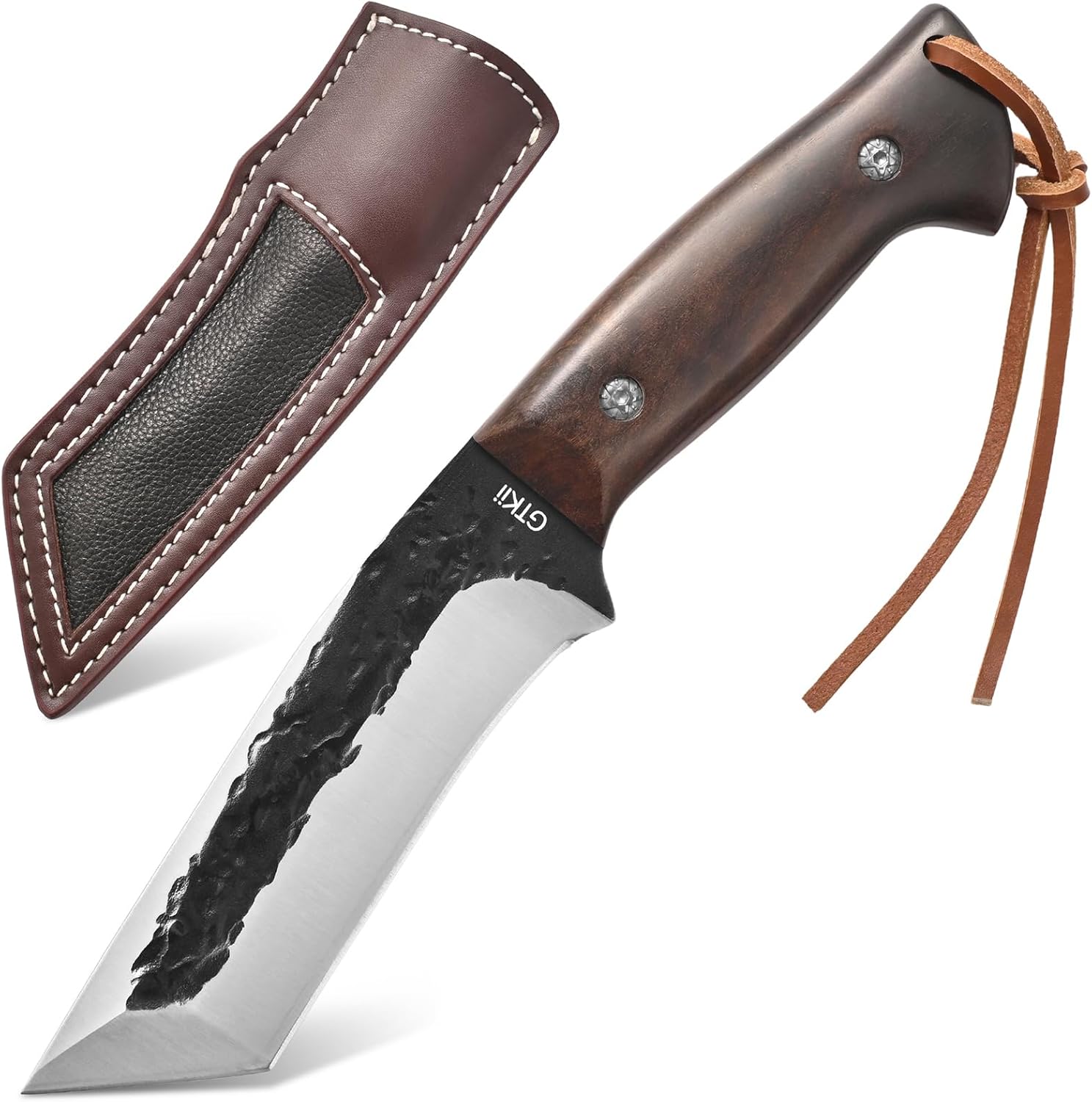 Gtkii GTK43 Fixed Blade Knife High Carbon Steel Hand Forged Blade Full Tang Rosewood Handle Fix Knifes for Camping Hunting Collection with Leather Sheath