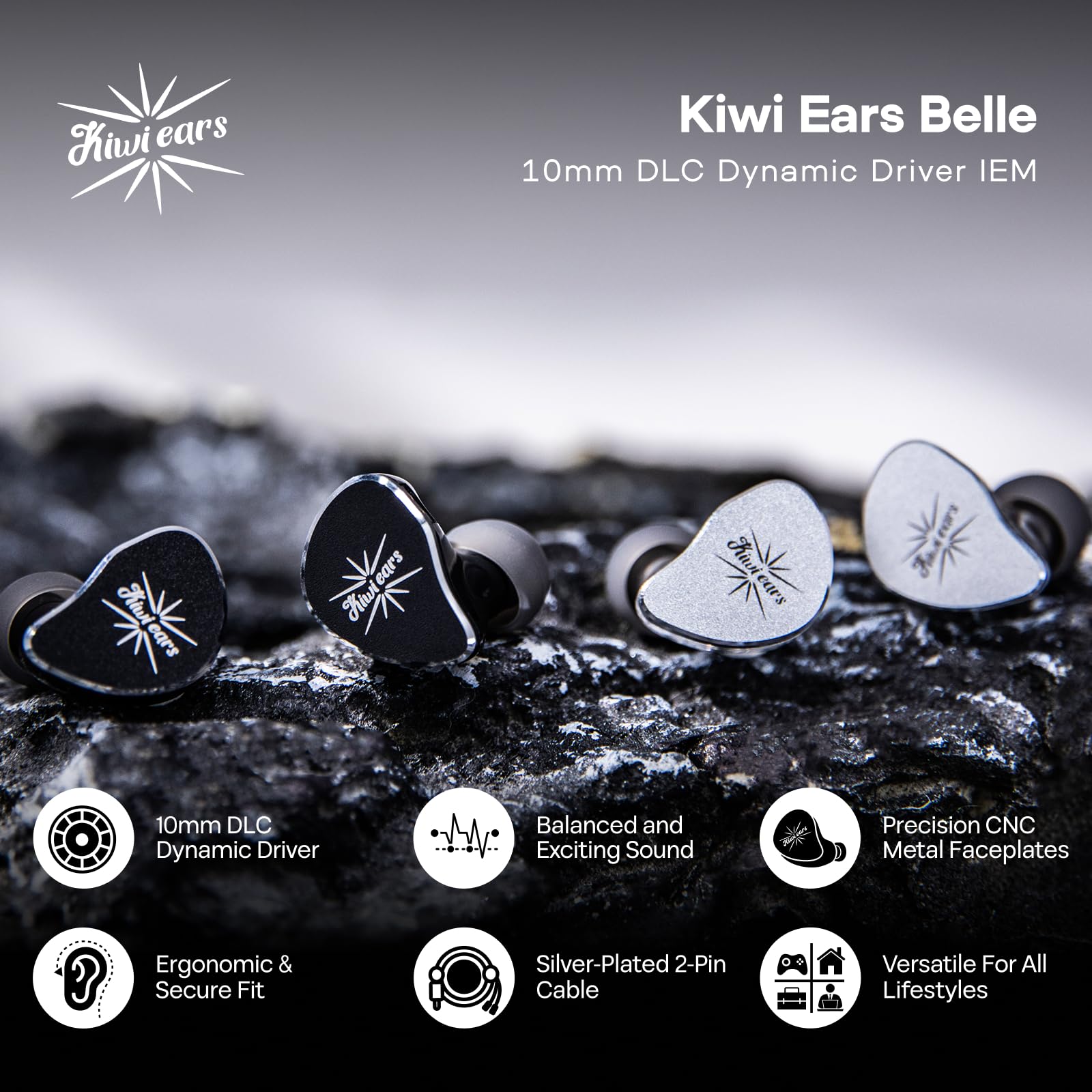 Kiwi Ears Belle słuchawki douszne, 10 mm DLC, przewodowe słuchawki douszne HiFi z odłączanym posrebrzanym kablem 2-pinowym do gier audiofilskich (bez mikrofonu, srebrne)