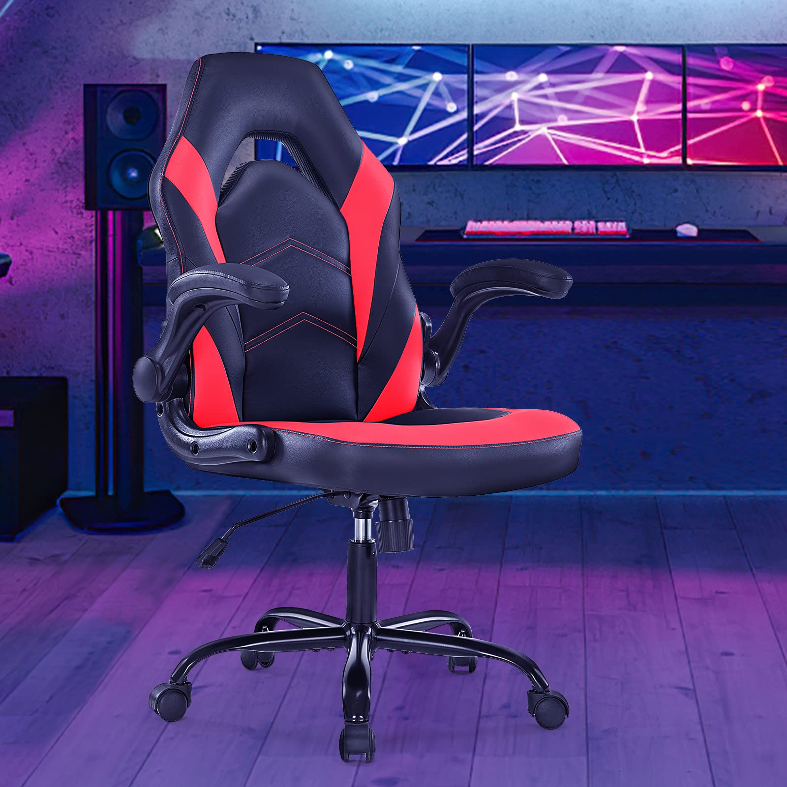 DUMOS Red Gaming Chair, Computer Chair with Lumbar Support Pu Leather Office Chair Flip-up Arms Height Adjustable Desk Chair with Wheels
