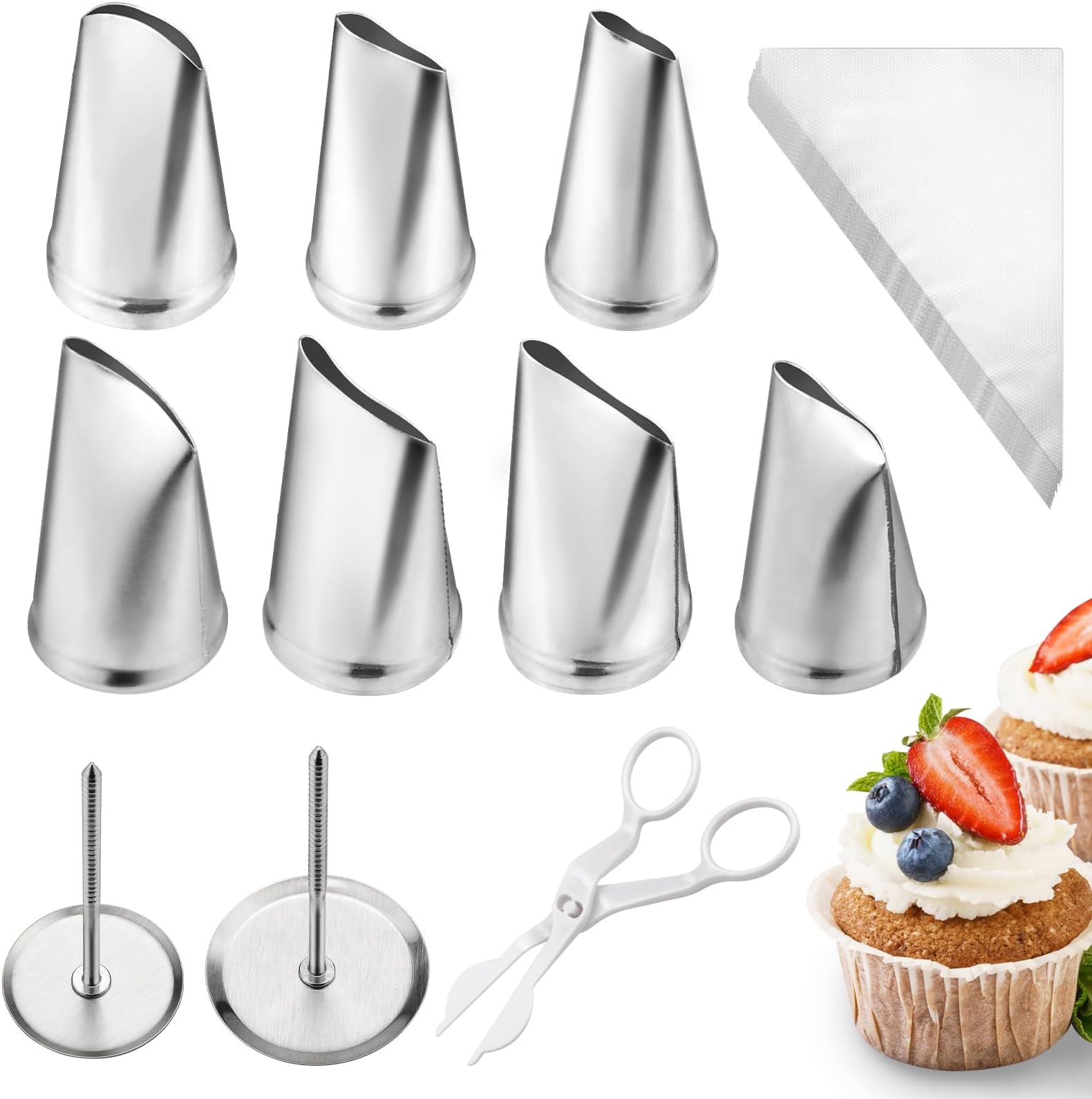 Ullnosoo Rose Flower Piping Tips Set, 7pcs Cake Decorating Stainless Steel Icing Piping Nozzle Tips with 2 Cake Flower Nail, 1 Flower Lifters and 10 Disposable Pastry Bags, universal, Silver