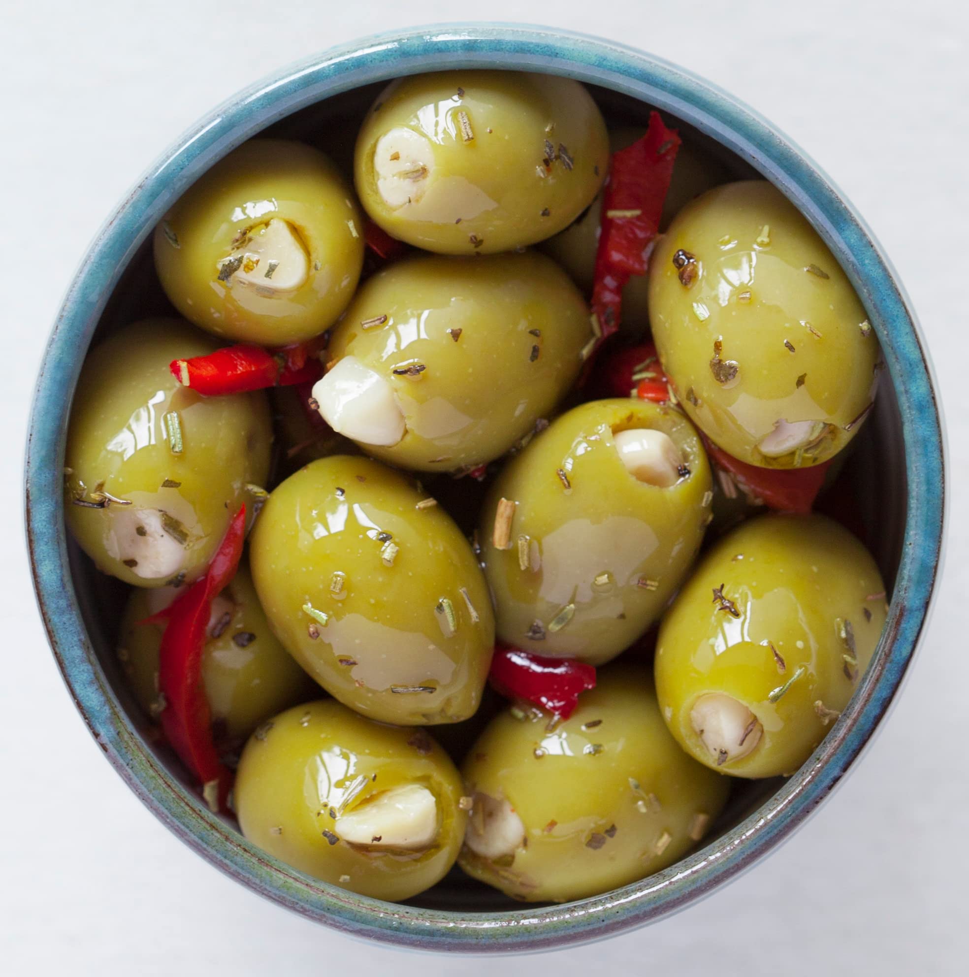 Real Olive Co – ‘Garlic Stuffed Provençal Olives’ (Net 1kg). Deli Fresh Garlic Stuffed Olives. Cold Pressed Oil.