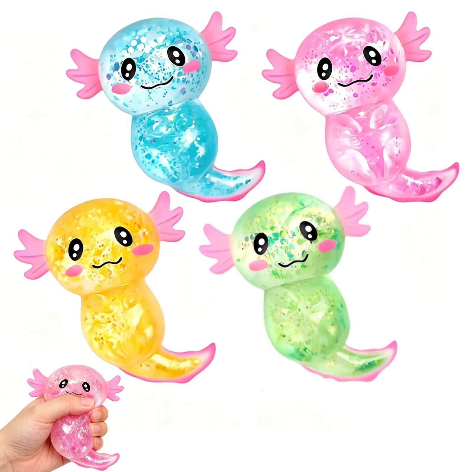 4PCS Axolotl Squishy Fidget Toys for Stress Relief and Focus, Soft Axolotl squishy for Desk Play for Party and Birthday Gift, for Adults Ideal as Birthday Presents Party Favours or Sensory Play Items