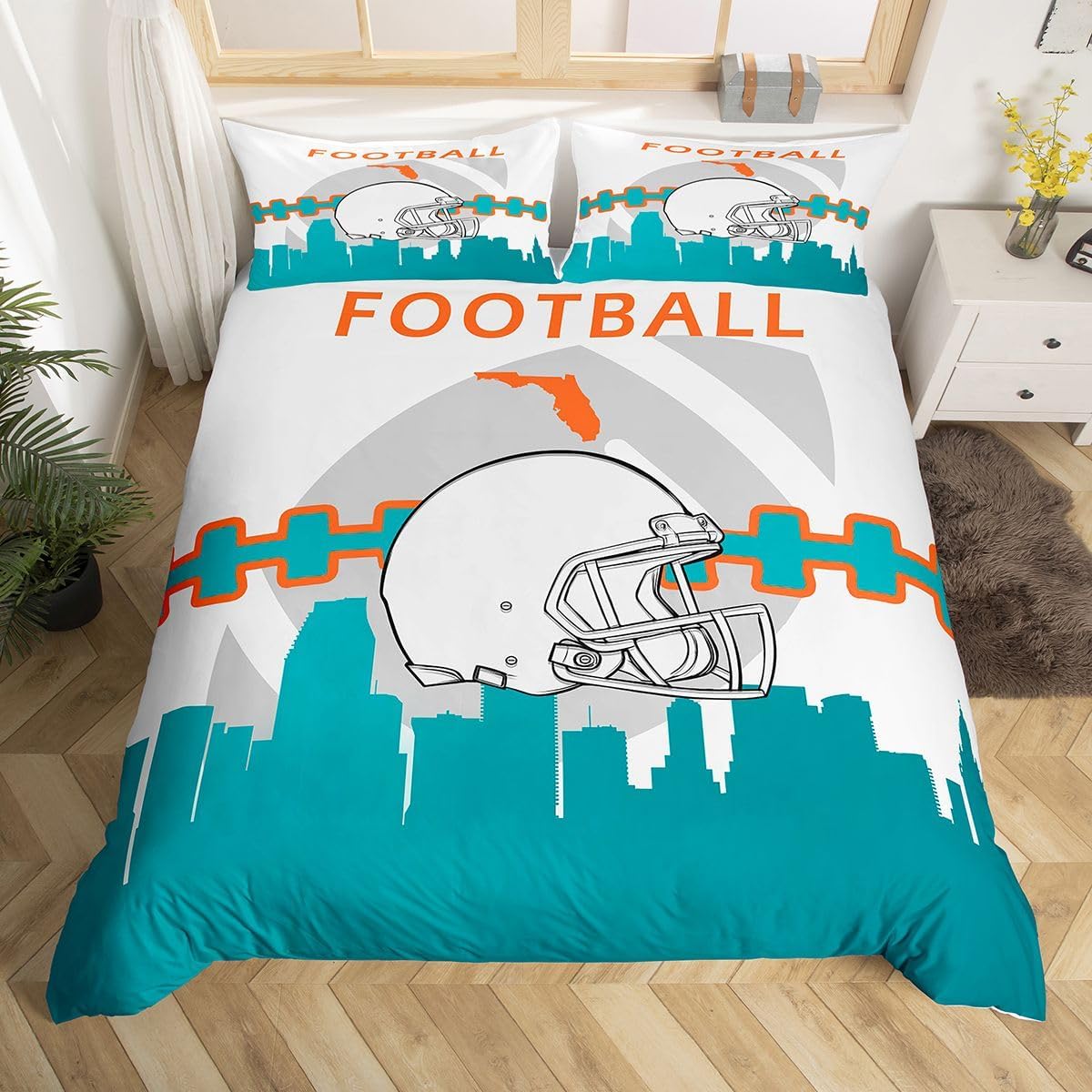 Erosebridal Full Bedding Set for Kids Boys Girls,American Football Lovers Duvet Cover for Football Fan,Football Comforter Cover,Football Player Bed Sets with 2 Pillowcases(Miami),Full