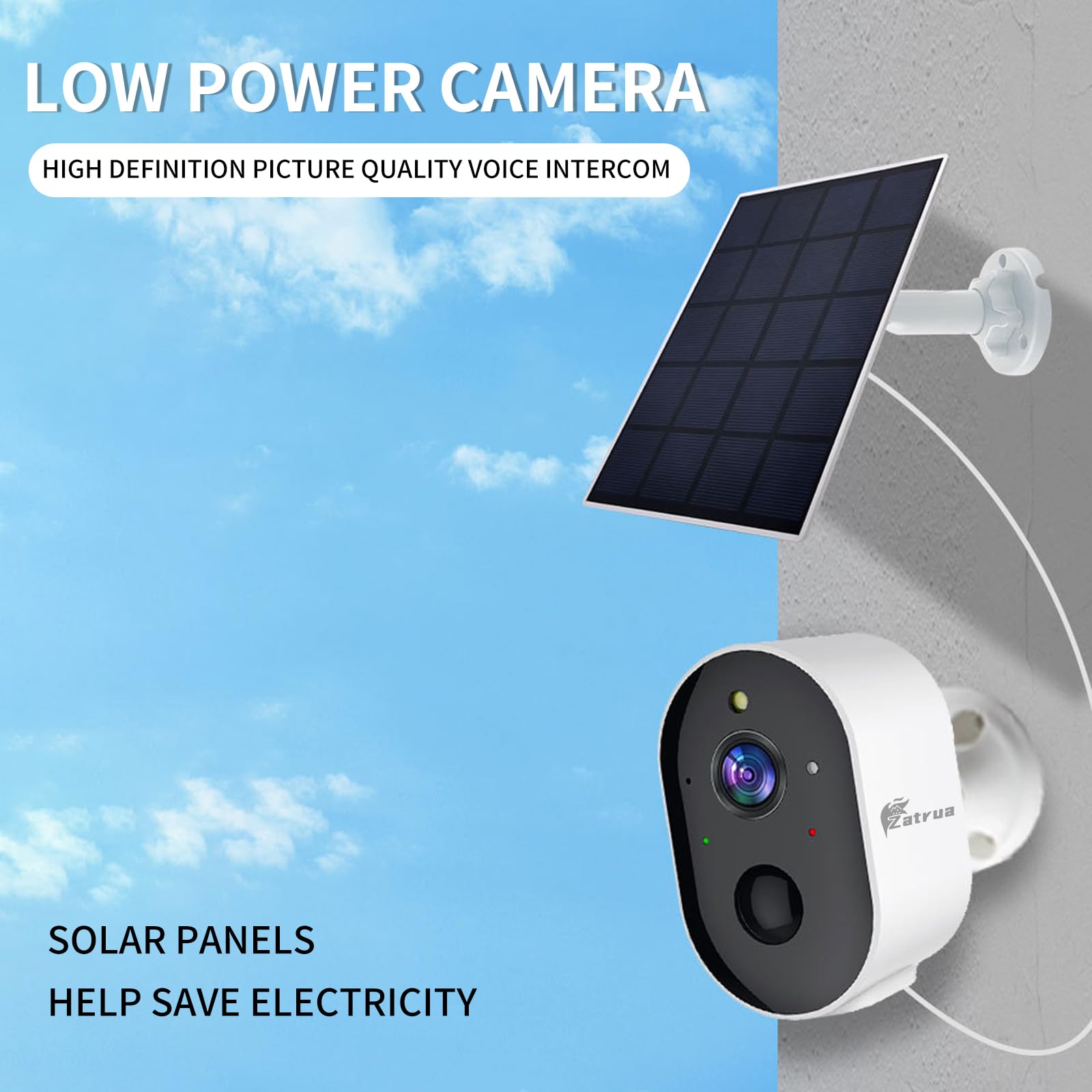 Zatrua Ultra Wide Angle HD Surveillance Camera Solar Security Camera Wireless Outdoor Low Power Surveillance Camera IP66
