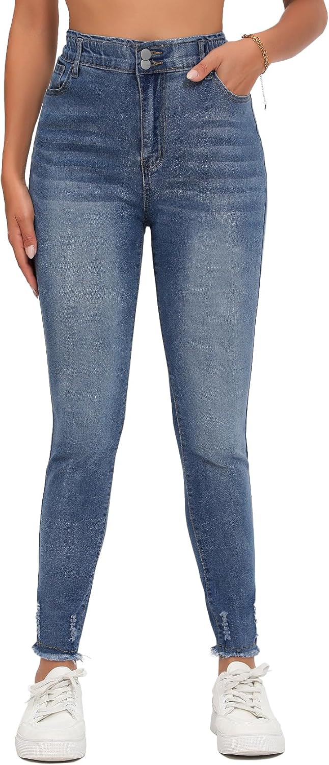 HugeNice Women's Mid-Rise Stretch Skinny Jeans Casual Slim Fit Elastic Waist Denim Pants