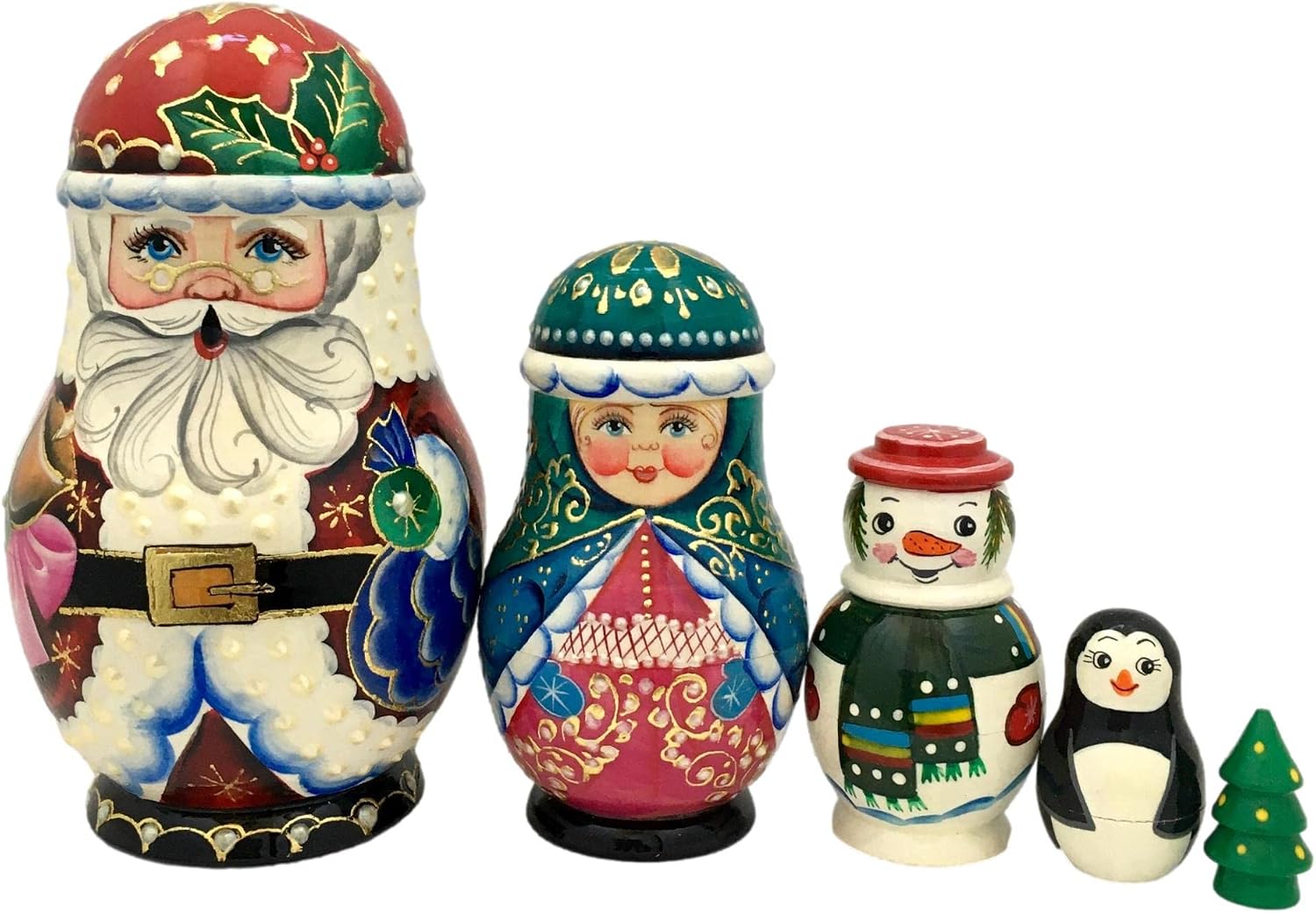 Santa with Toys Stacking Russian Nesting Dolls Hand Painted 5 Piece Set