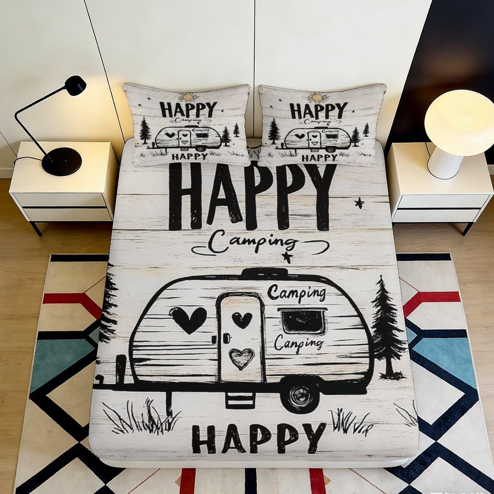 3D Printed Happy Camping Fitted Sheet Microfiber Soft Breathable Caravan Bed Cover for Bedroom Guest Room Decor 90x200x25cm