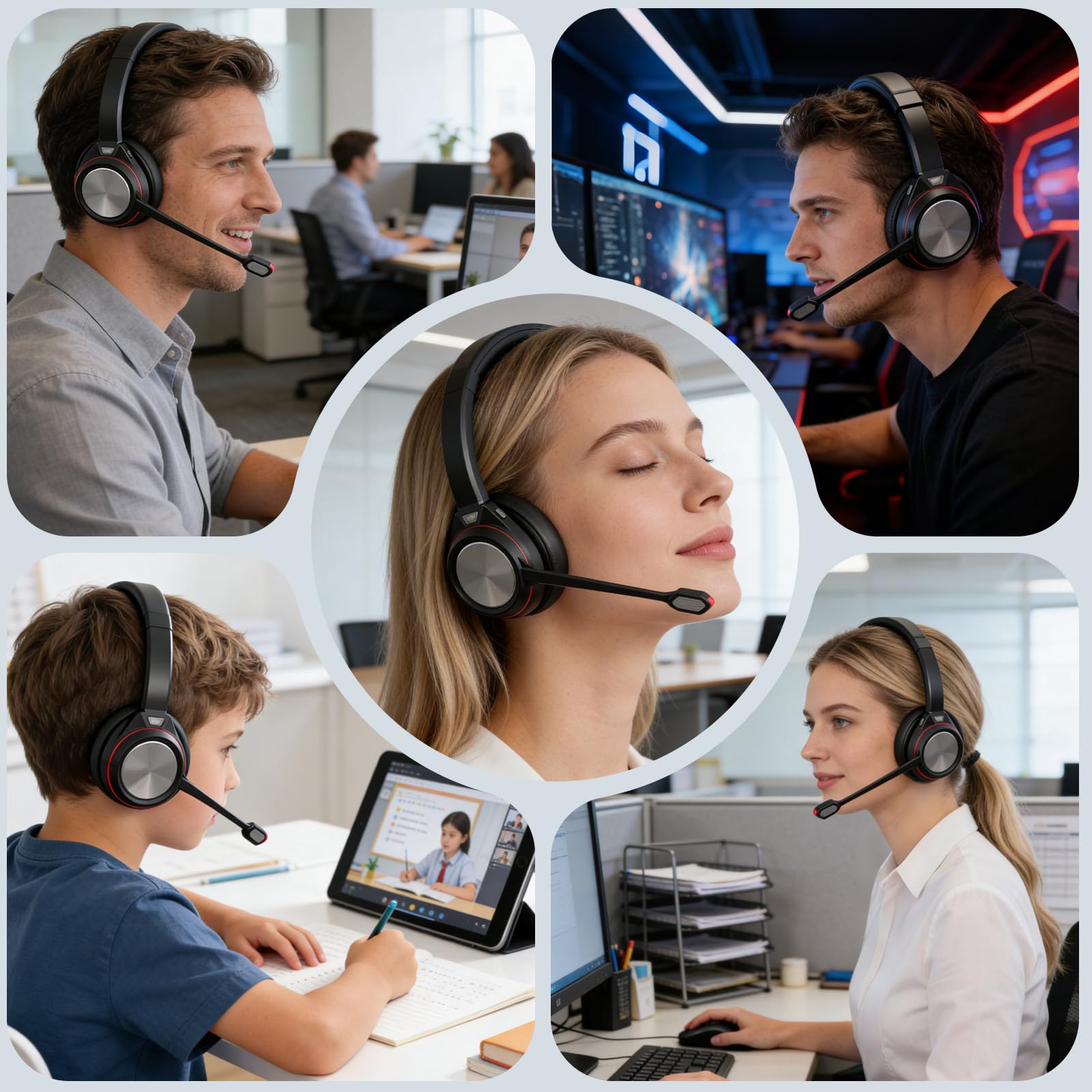 Bluetooth Headset mit Mikrofon, Wireless Headset mit USB Dongle Ladestation, Noise Cancelling Mikrofon, 40h Akku, Komfort Büro Headset für PC Laptop Callcenter Home Office Teams Zoom