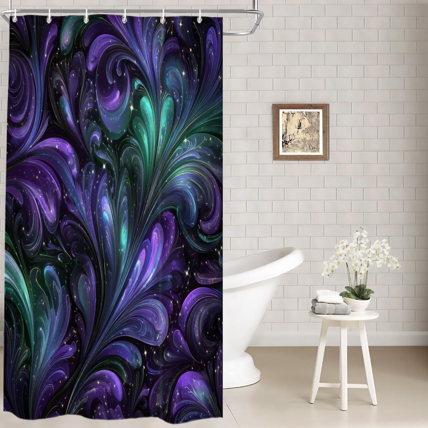 Rideau de douche motif cosmique irisé Batmerry pour une décoration de salle de bain zen
