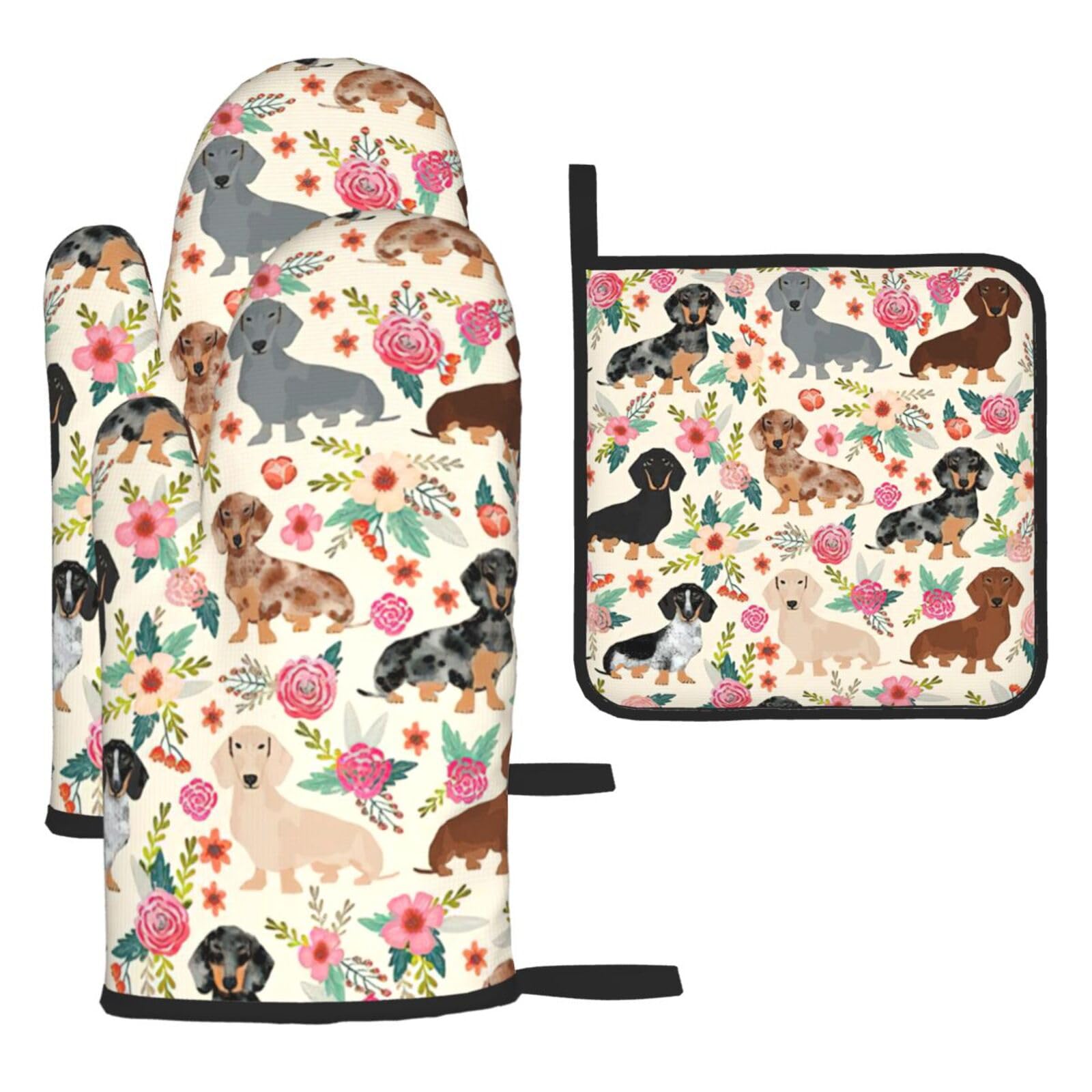 Dachshund Floral Print Oven Kitchen Gloves For Baking Outdoor Grilling Home Use Mitts Microwaving Bbq