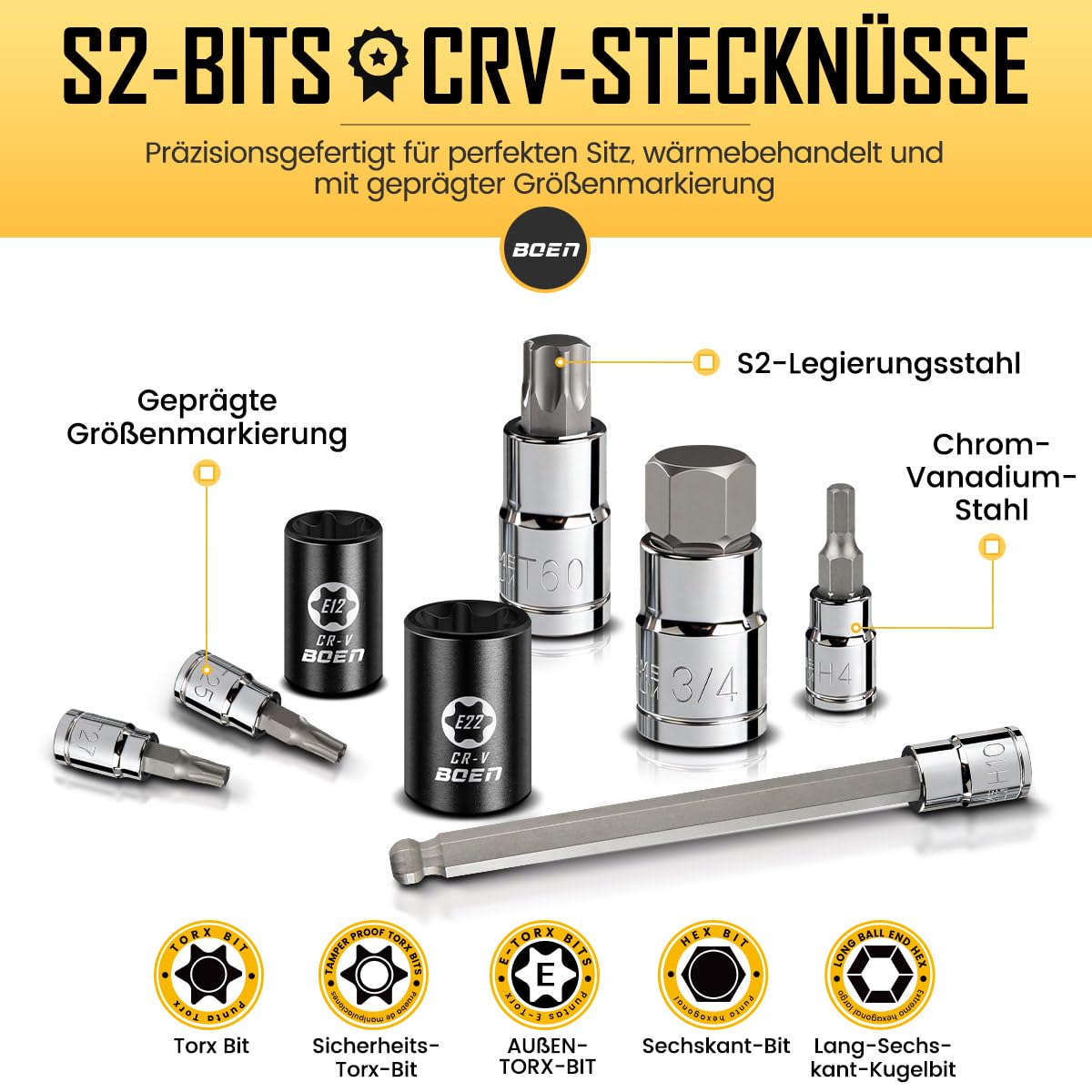 84-teiliges Sechskant- und Torx-Bitset, 1/4'', 3/8'', 1/2'' Antrieb (H2.5-H19, T8-T60, TT8-TT60, E4-E24) Metrisches & SAE-Bitset, mit S2- und Cr-V Stahl