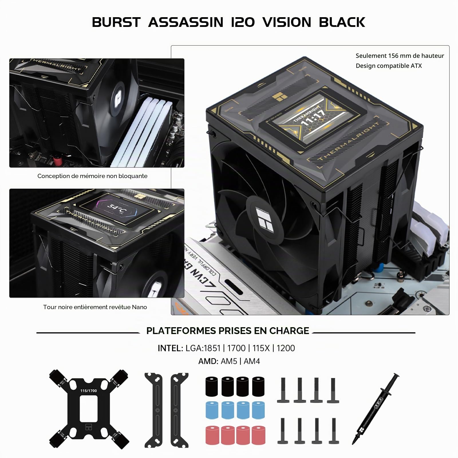 Thermalright Burst Assassin 120 Vision Refroidisseur d'air pour processeur ? Écran IPS 2,4" carré rotatif, ventilateur avant et arrière de 120 mm, compatible Intel LGA1700/1150/1151/1200, AMD AM4/AM5
