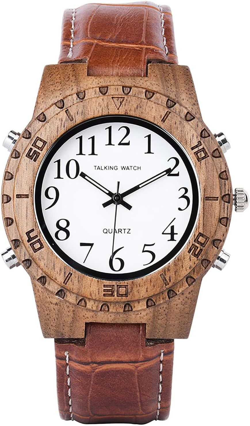 English Talking Watches Zebra Wood Case Quartz Watch Brown Leather Band