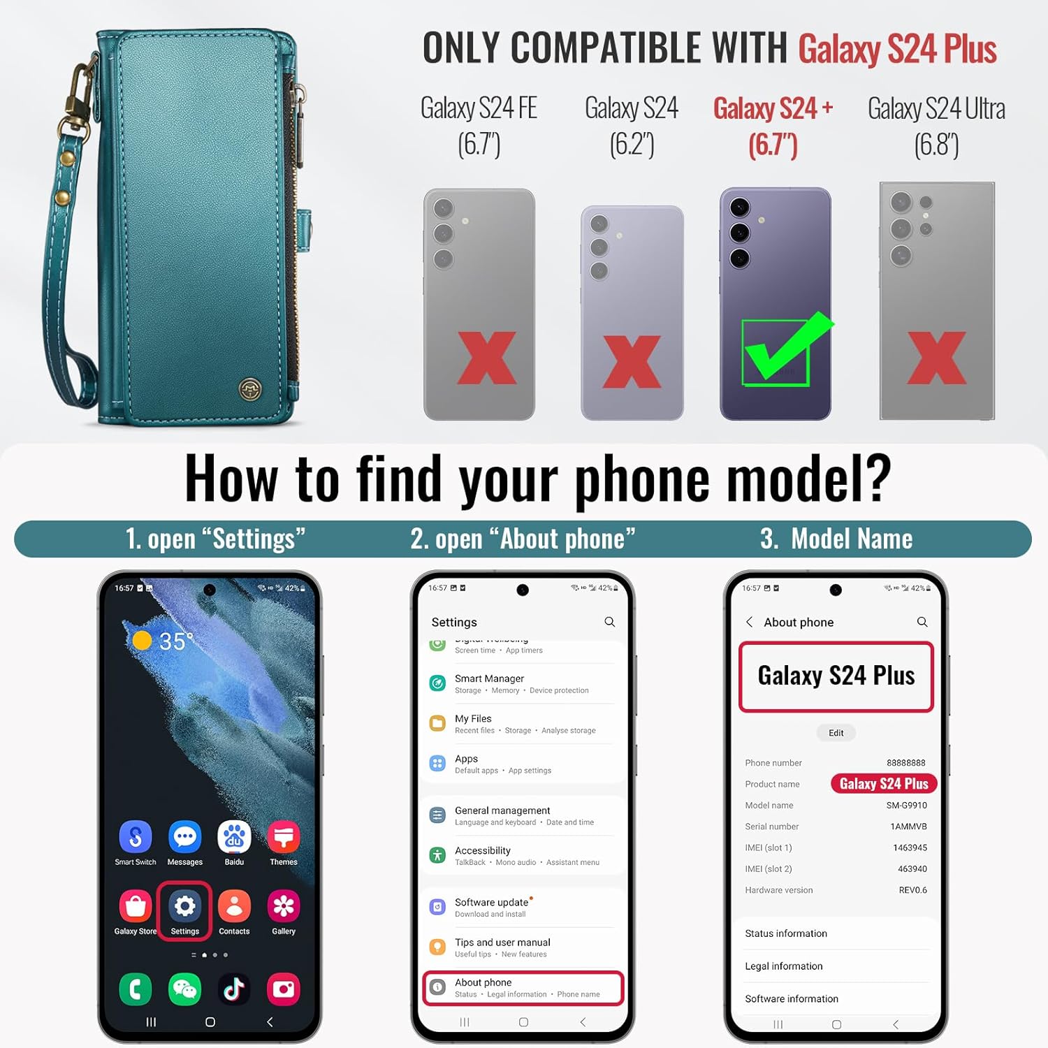 defencase compatible with samsung galaxy s24 plus case wallet with rfid blocking card holder for women men, pu leather magnetic snap flip zipper strap phone case fit for galaxy s24 plus 5g 6.7", green galaxy s24 plus - 6.7" blue green