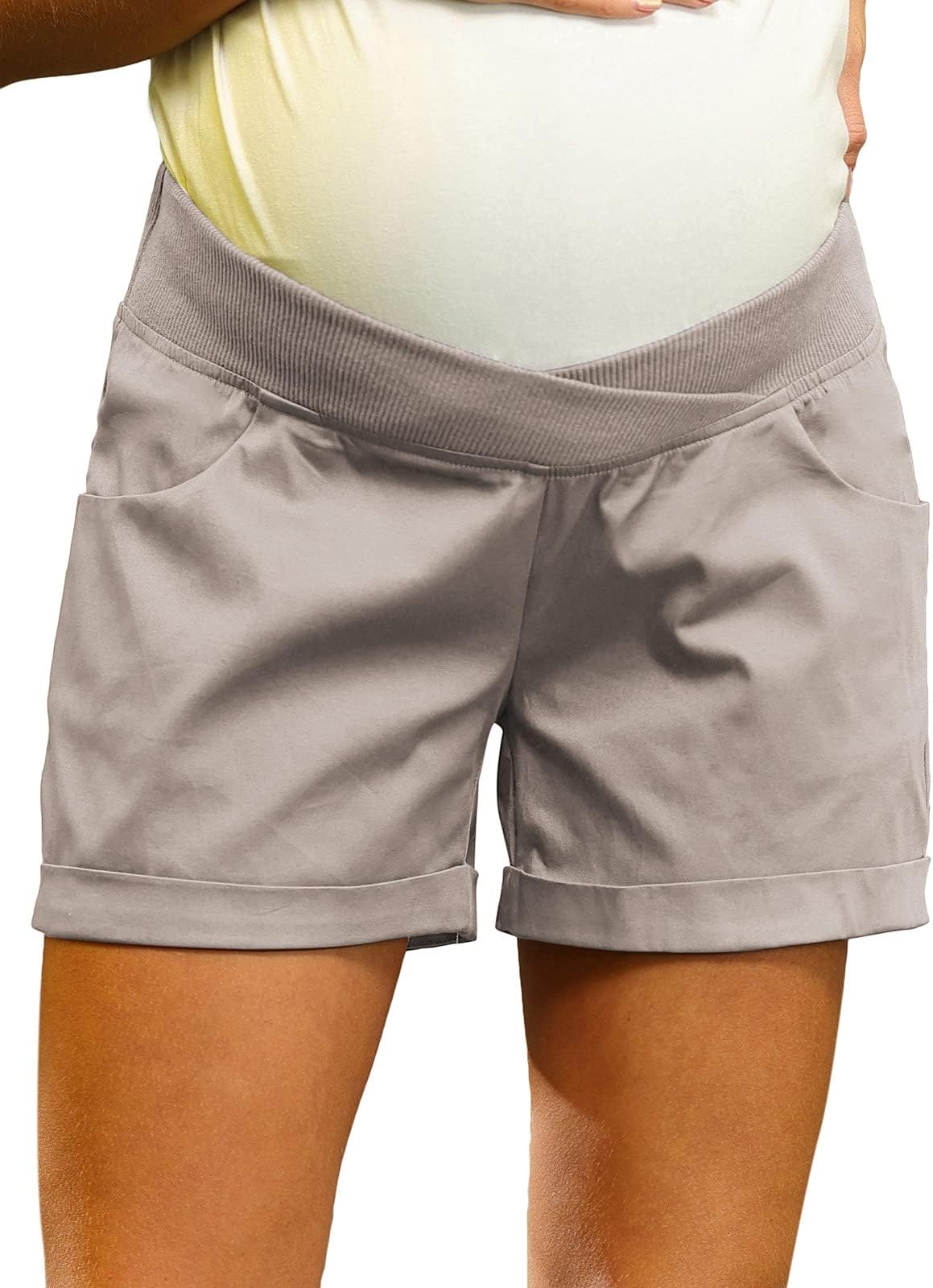 Women's Maternity Low-Rise Casual Elastic Waist Shorts with Pockets Kahki