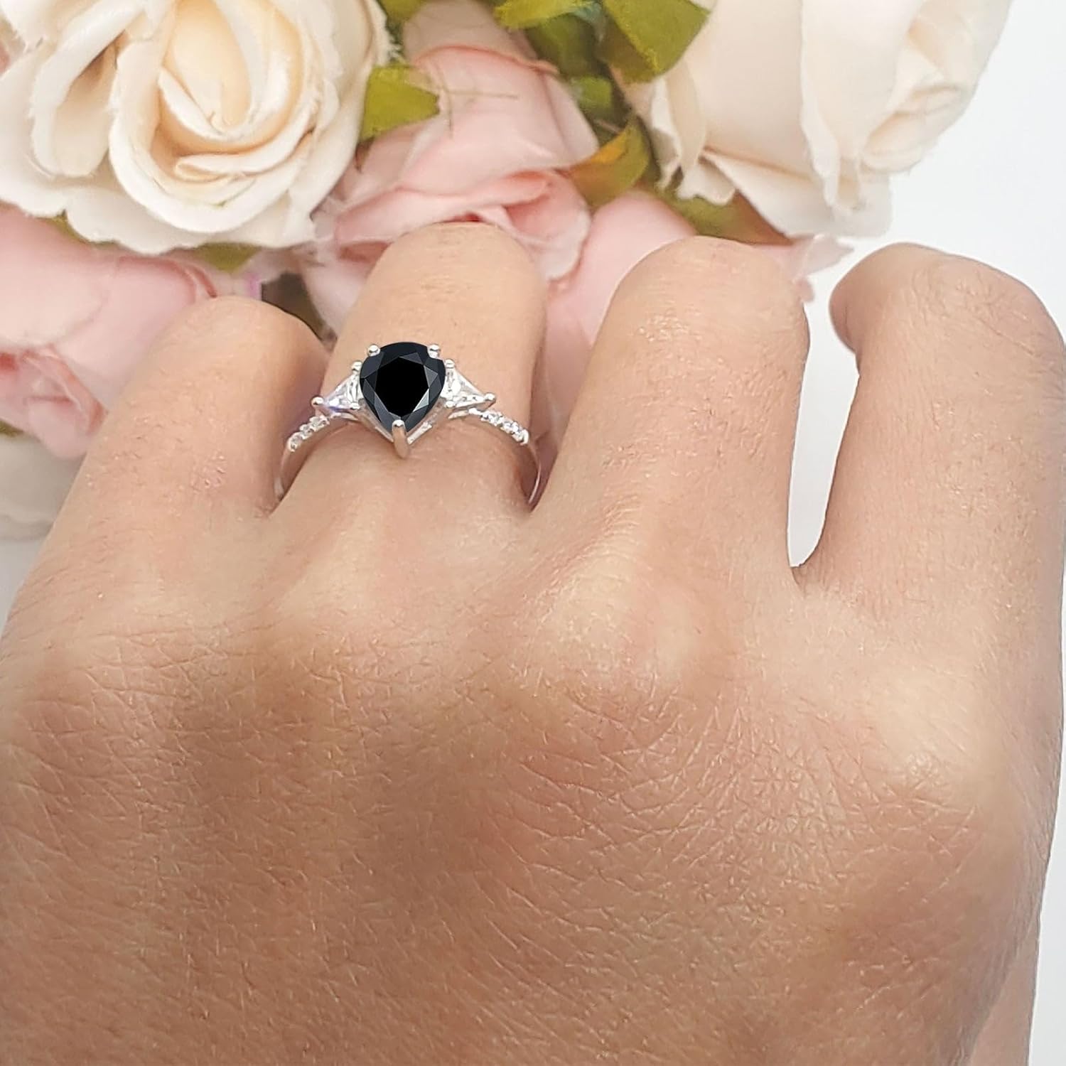 Art Deco Pear Teardrop Natural Black Onyx Vintage Style Triangular Cubic Zirconia Wedding Engagement Ring Solid 925 Sterling Silver Gift For Her
