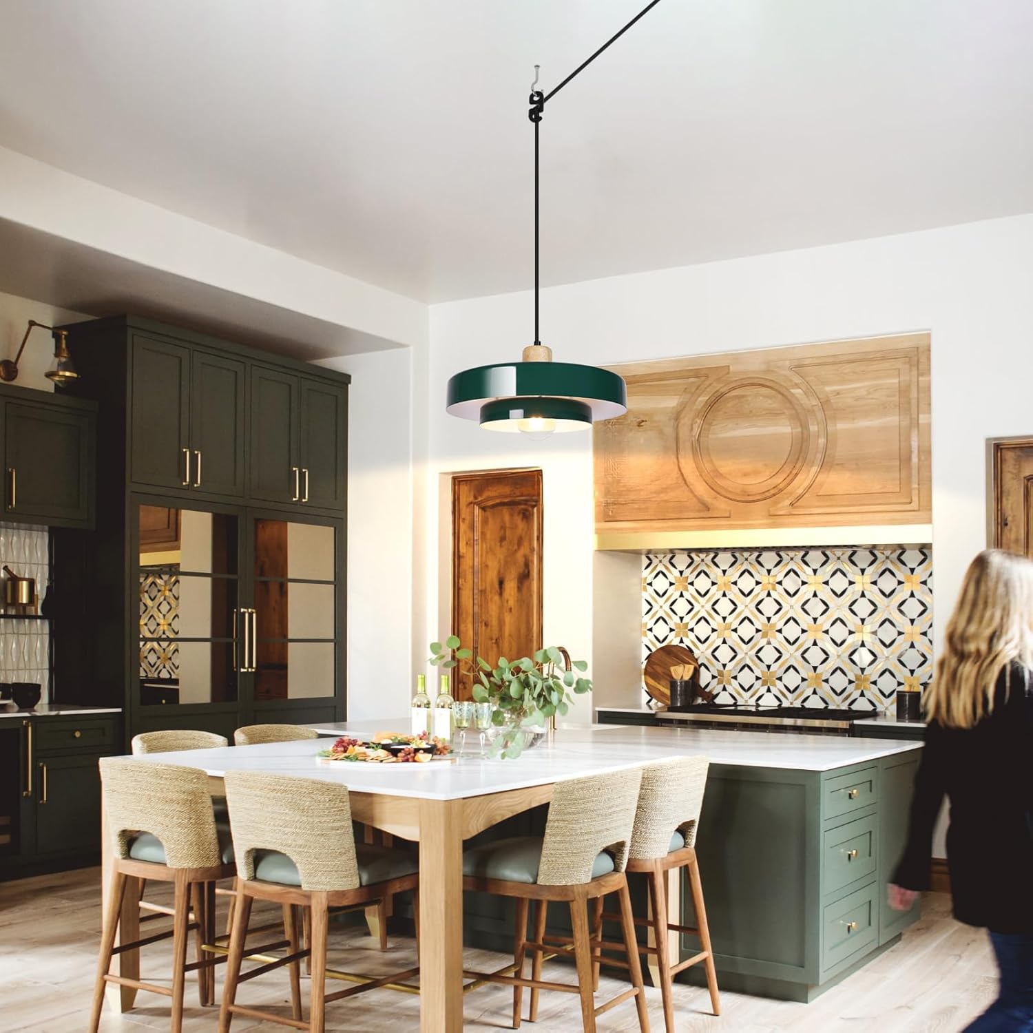 Mid Century Modern Plug in Pendant Lamp Green Nordic Plug in Pendant Light 1 Lihgt Movable Industrial Light with 13“Metal Shade Ceiling Hanging Light Fixtures for Dining Table Kitchen Island