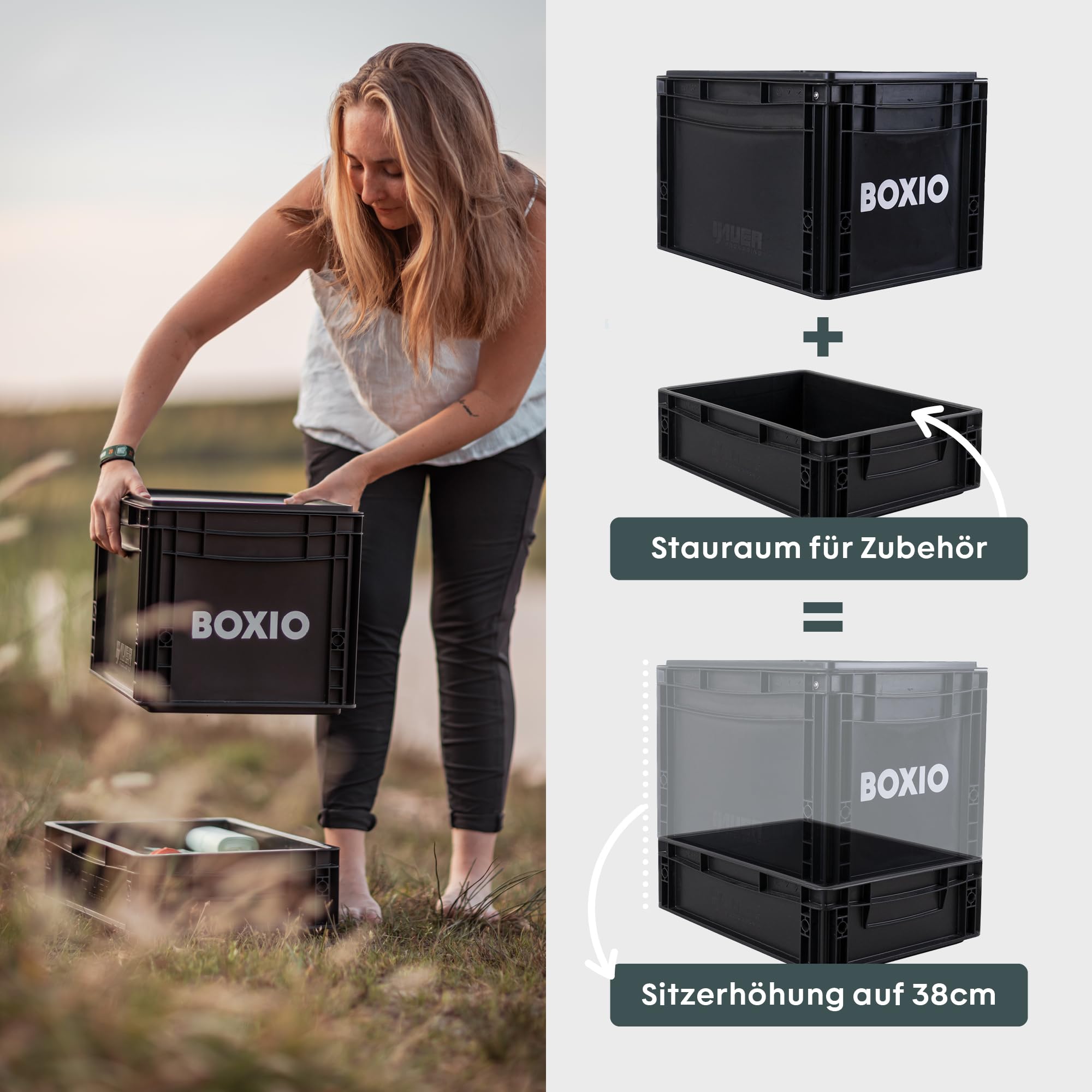 BOXIO - Toilet Max+: Campingtoilette Komplettset, Mobile Trockentrenntoilette ohne Chemie für Camping, Van, Outdoor, Dachzelt: Toilette auf Eurobox Basis ohne Strom für unterwegs, schwarz, 40x30x28
