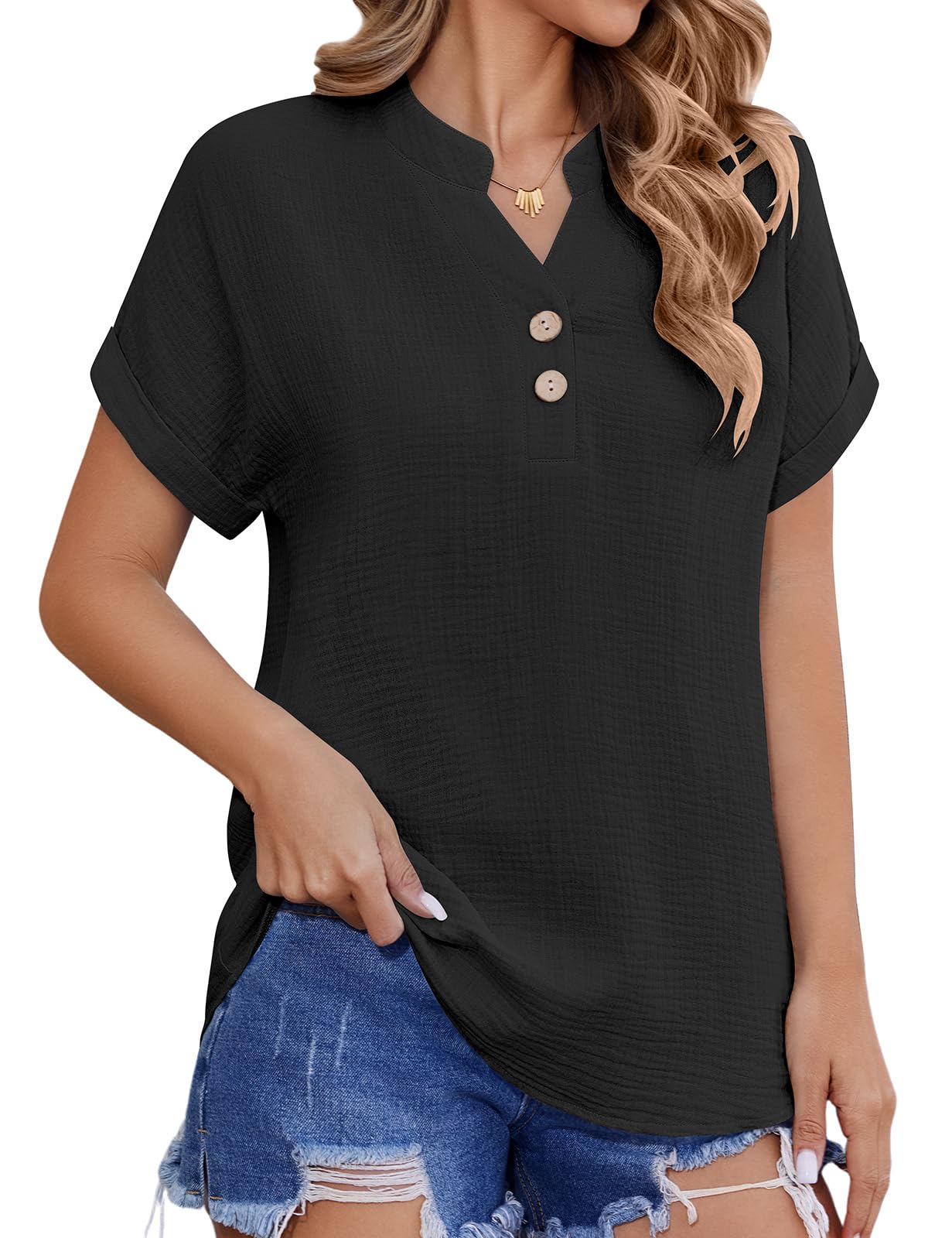 CMTOP Bluse Damen Sommer Musselin Blusen Elegant V-Ausschnitt Hemdbluse Kurzarm Hemd Oberteile Baumwolle Blusenshirt Lässiges Lockere Basic Tunika Shirt