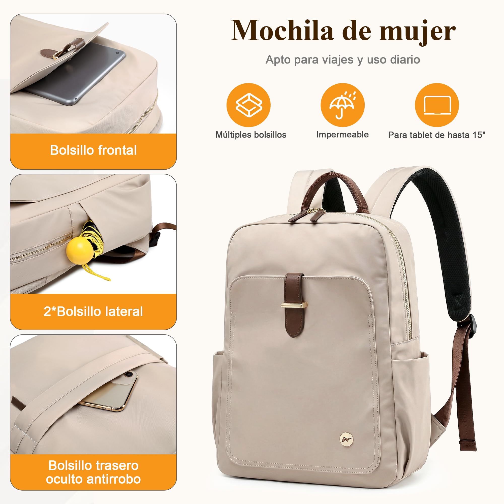Mochilas Mujer Casual Moda Bolso de Señoras para portátil de 15,6 Pulgadas con Mango Bolso de la Universidad Escuela Viaje Trabajo Impermeable Nylon Bolso de Mujer Blanco
