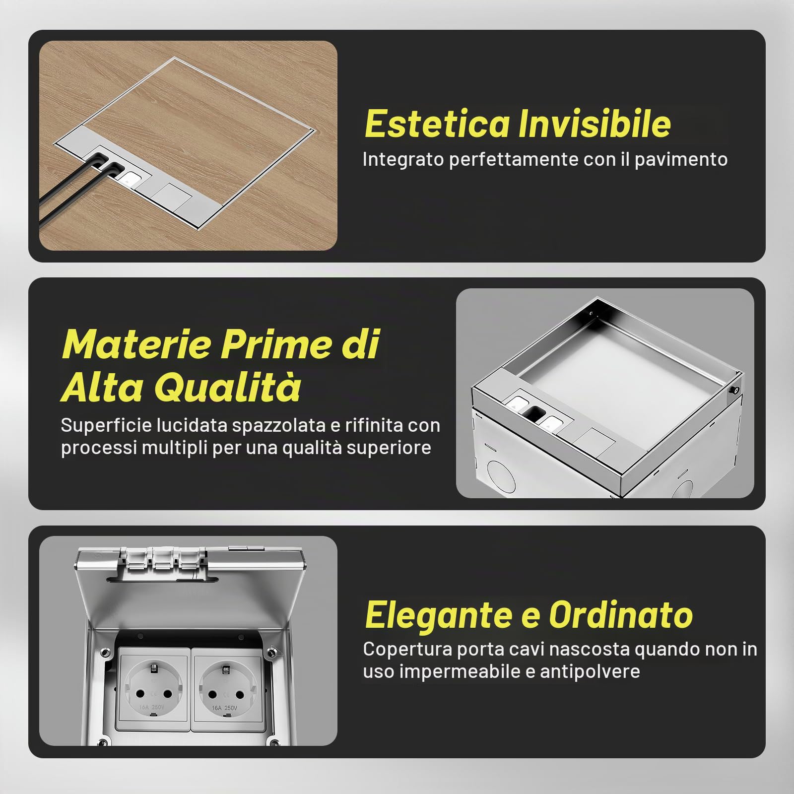 Scatola di corrente da incasso a pavimento 16A 4000W in acciaio inox impermeabile, 2 prese elettriche UE, set da pavimento retrattile per cucina, soggiorno, ufficio, hotel