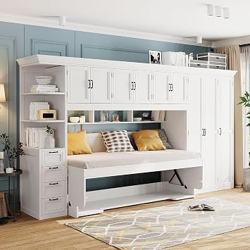 MERITLINE Twin Horizontal Murphy Bed with Desk and Storage Wardrobe,Cabinets,Shelves and Drawers, Wood Space-Saving Hidden Murphy Wall Bed for Teens Adults Twin,White