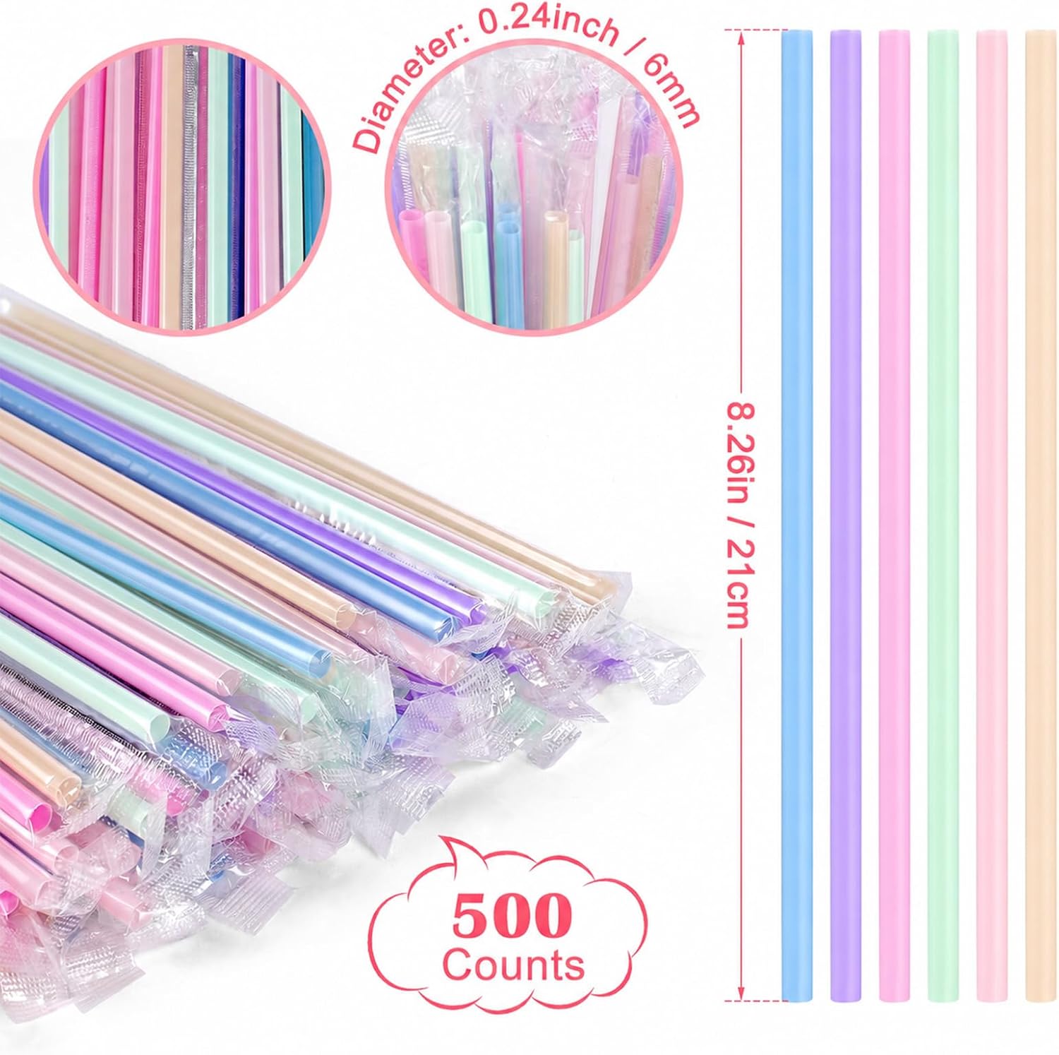 [Individually Wrapped] 500Pcs Disposable Plastic Drinking Straws - 8.26" Long and 0.24 Diameter Colorful Cute Straws for Juice,Coffee,Milk,Cocktail, Bachelorette/Birthday Party, Bridal/Baby Shower