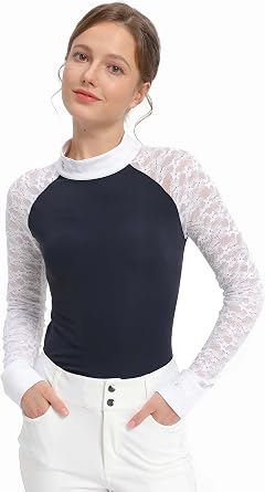 Womens Equestrian Show Shirt, Slim Fit Long Sleeve Competition Top with Lace Raglan Sleeves