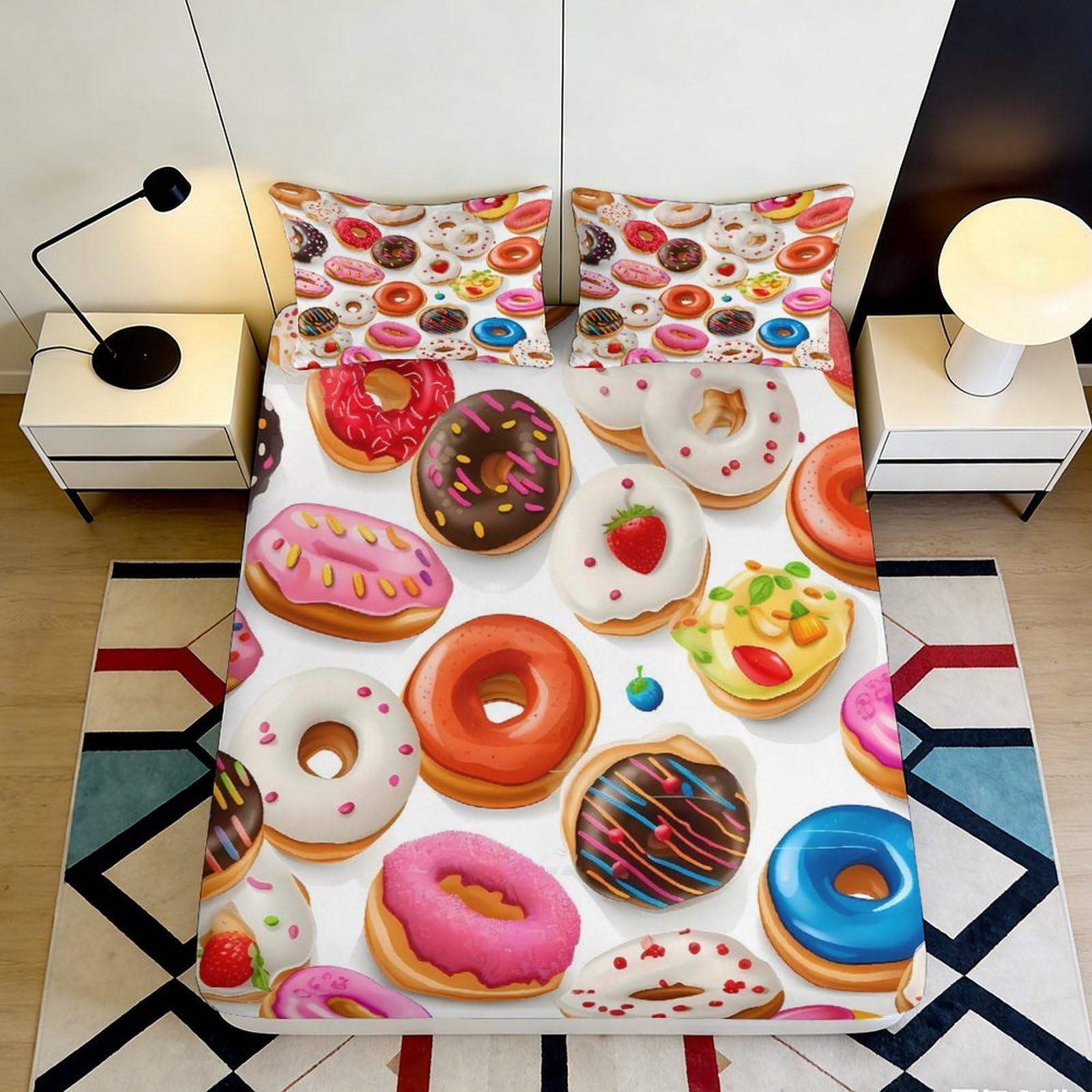 3D Printed Donuts Pattern Fitted Sheet Microfiber Non-Slip Deep Pocket Doughnut Mattress Fitted Cover for Bedroom 180x200x25cm