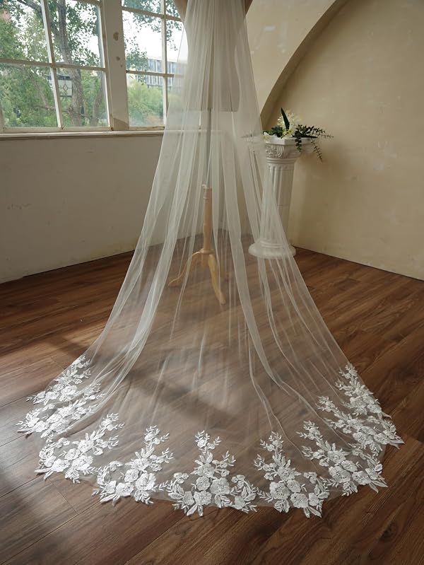 AiberLisha Chapel Length Sequin Lace Floral Wedding Bridal Veil with Comb White by AiberLisha - Image 4