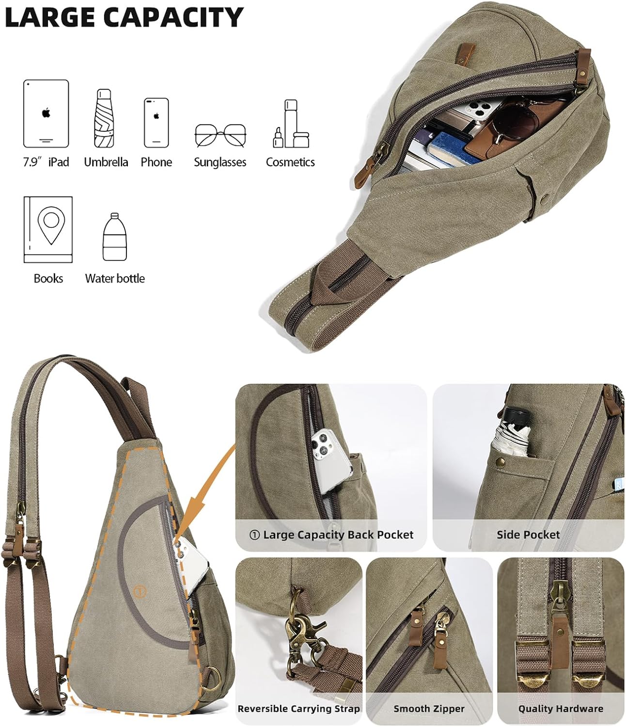 KL928 Canvas Sling Bag - Small Crossbody Backpack Shoulder Casual Daypack Rucksack for Men Women(Large Version,Olive Green) - Image 4