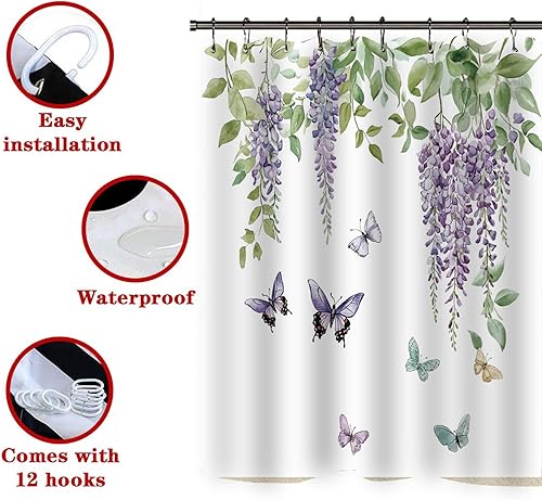 Miniatura 9 de Cortina de ducha, tela impermeable para baño, cortinas decorativas para baño, hotel (cortina, mariposas florales moradas)