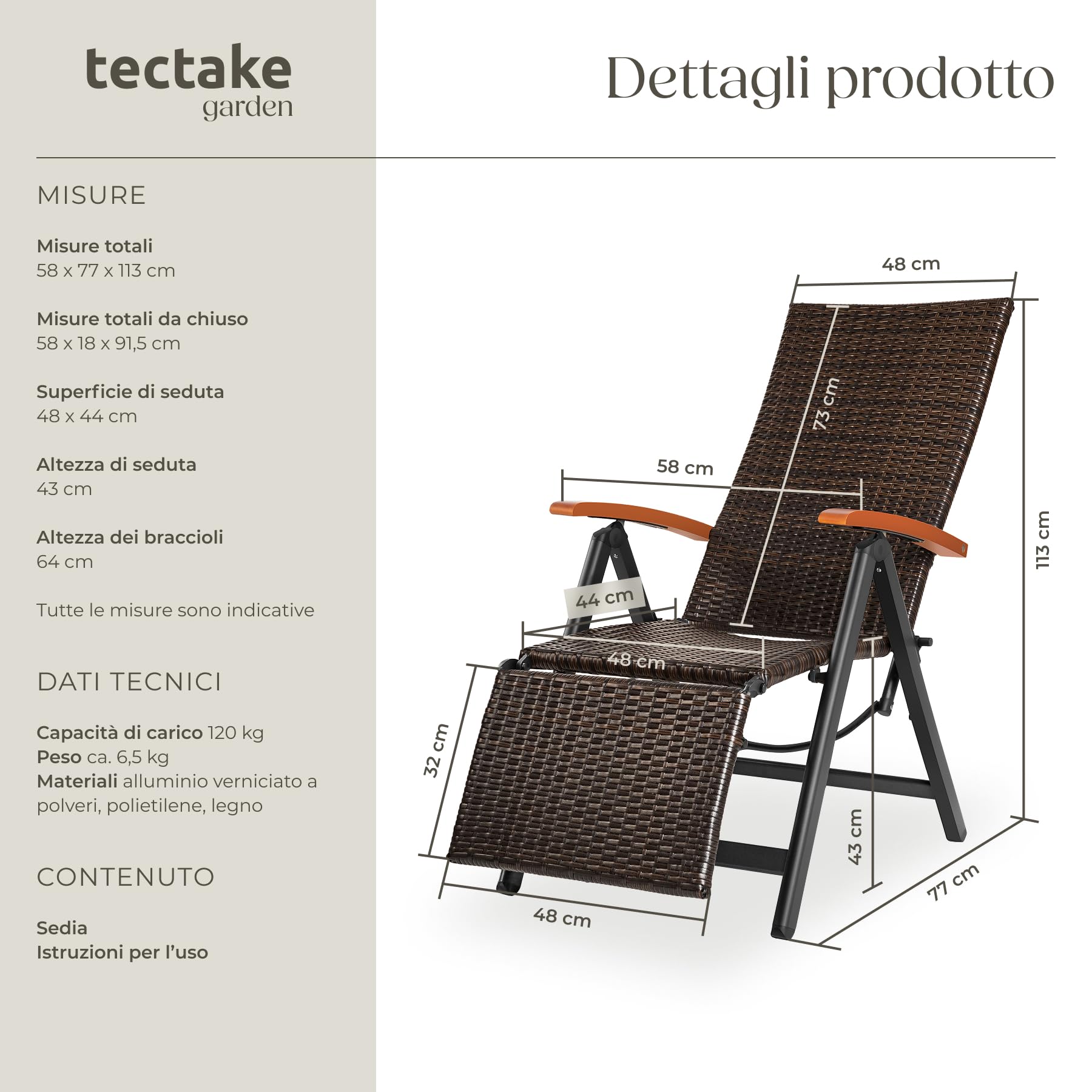 tectake® Poltrona Relax da Giardino Pieghevole, Resina Intrecciata e Alluminio, Regolabile con Poggiapiedi, Poltrona da Giardino, Sedia Relax da Giardino, Sedie da Esterno - Marrone