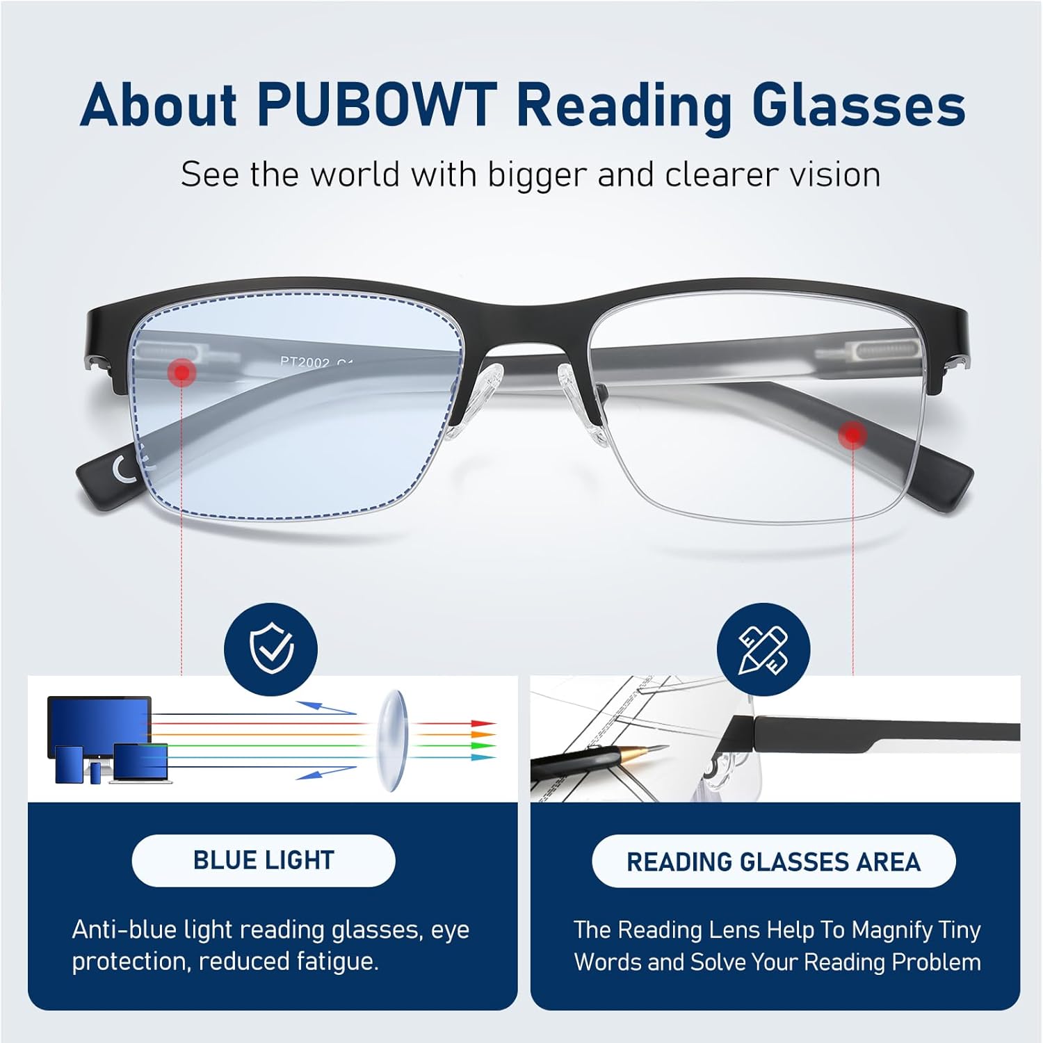 Reading Glasses Men Blue Light Blocking Computer Reader Oversized Metal Half Frame Stylish Eyewear Spring Hinge PT2002 - Image 4