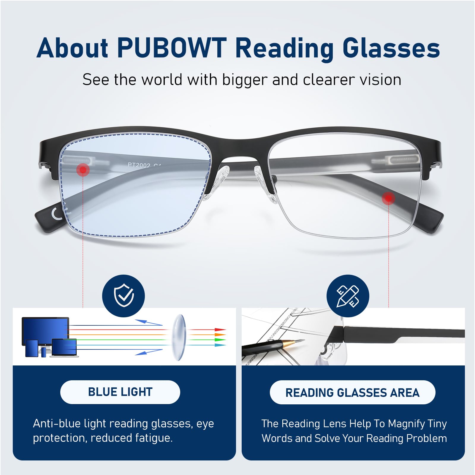 Paquete de 3 gafas de lectura extragrandes con bloqueo de luz azul para ordenador, montura rectangular de metal, lentes antirreflectantes, diseño ancho con bisagra de resorte, PT20