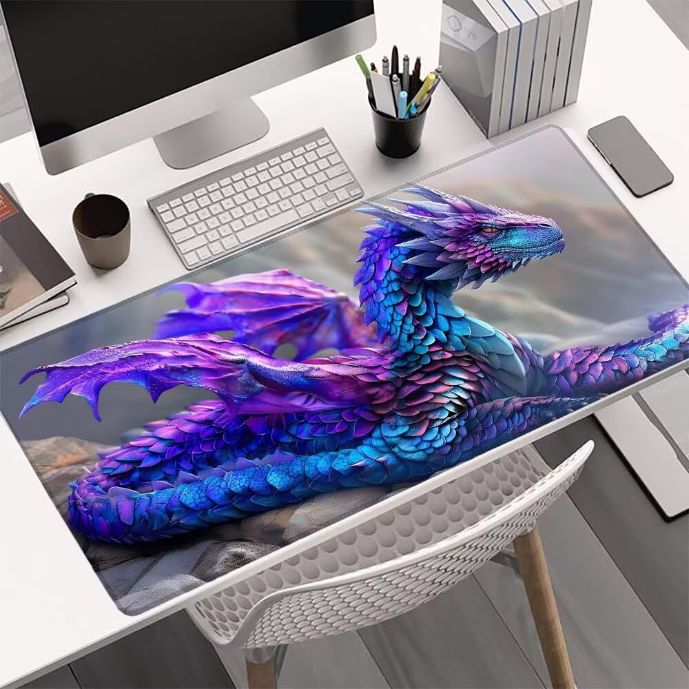 Podkładka pod mysz do gier smok, podkładka pod mysz XXL 1200 x 600 x 3 mm, rozszerzona antypoślizgowa mata biurkowa, wodoodporna powierzchnia, szyte krawędzie, zmywalna podkładka pod mysz fajna do