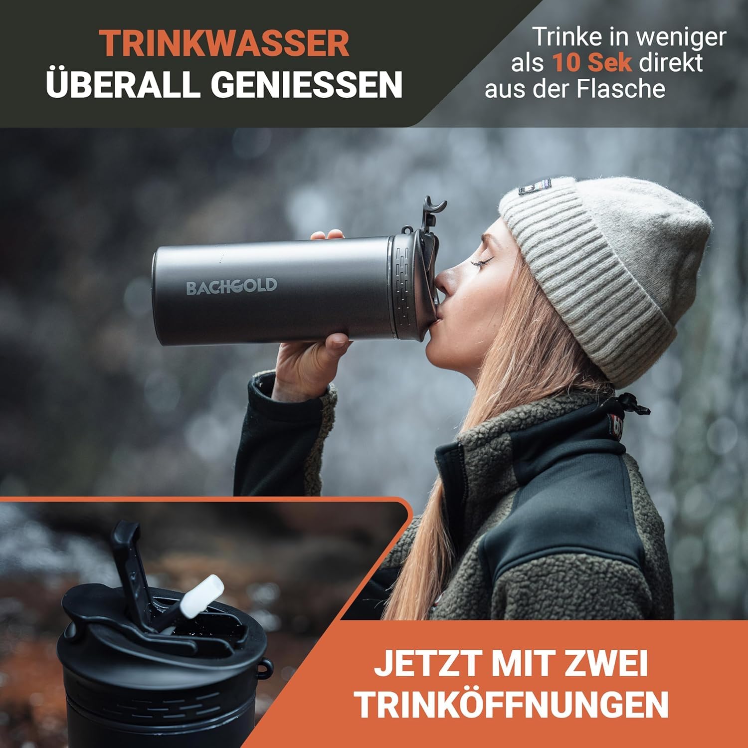 Bachgold® Profi Outdoor Wasserfilter Flasche I Entfernt 99,99% aller Bakterien und filtert Mikroplastik, Partikel und Chlor I Blackout & Krisensicher (Schwarz, 500ml) + 1 Bachgold® Wasserfilter Outdoo
