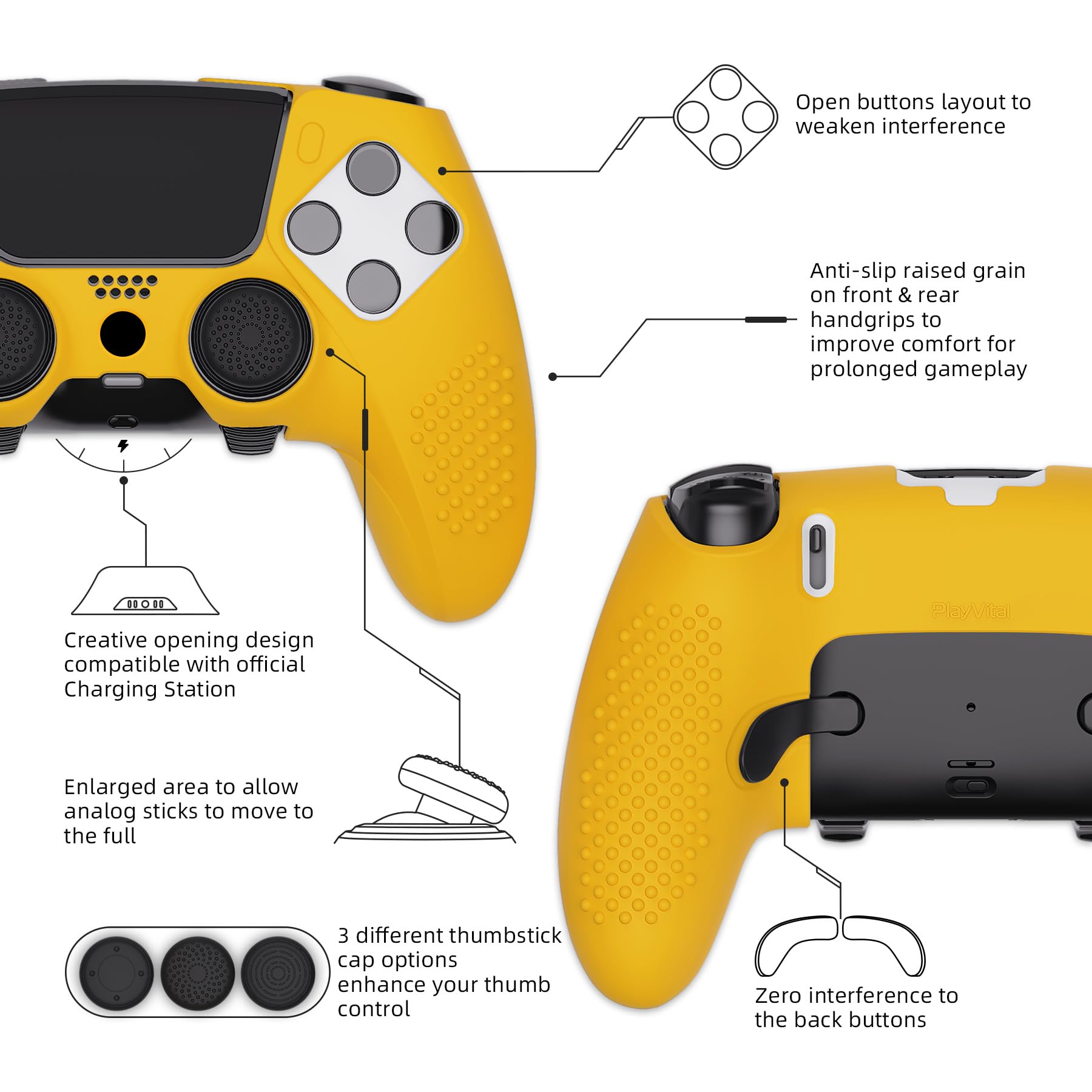 playvital Funda de Silicona Antideslizante con Tachuelas 3D para Controlador de PS5 Edge, Funda Protectora de Goma Suave para Controlador inalámbrico PS5 Edge con 6 Tapas de Agarre para el Pulgar,