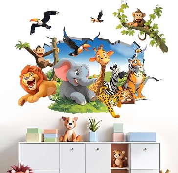 Jungle Animals Wall Decals for Kids: Peel and Stick Monkey Elephant Giraffe Tiger Lion Wall Stickers - Wall Decor Art Kids Supplies Ages 1-12 Years