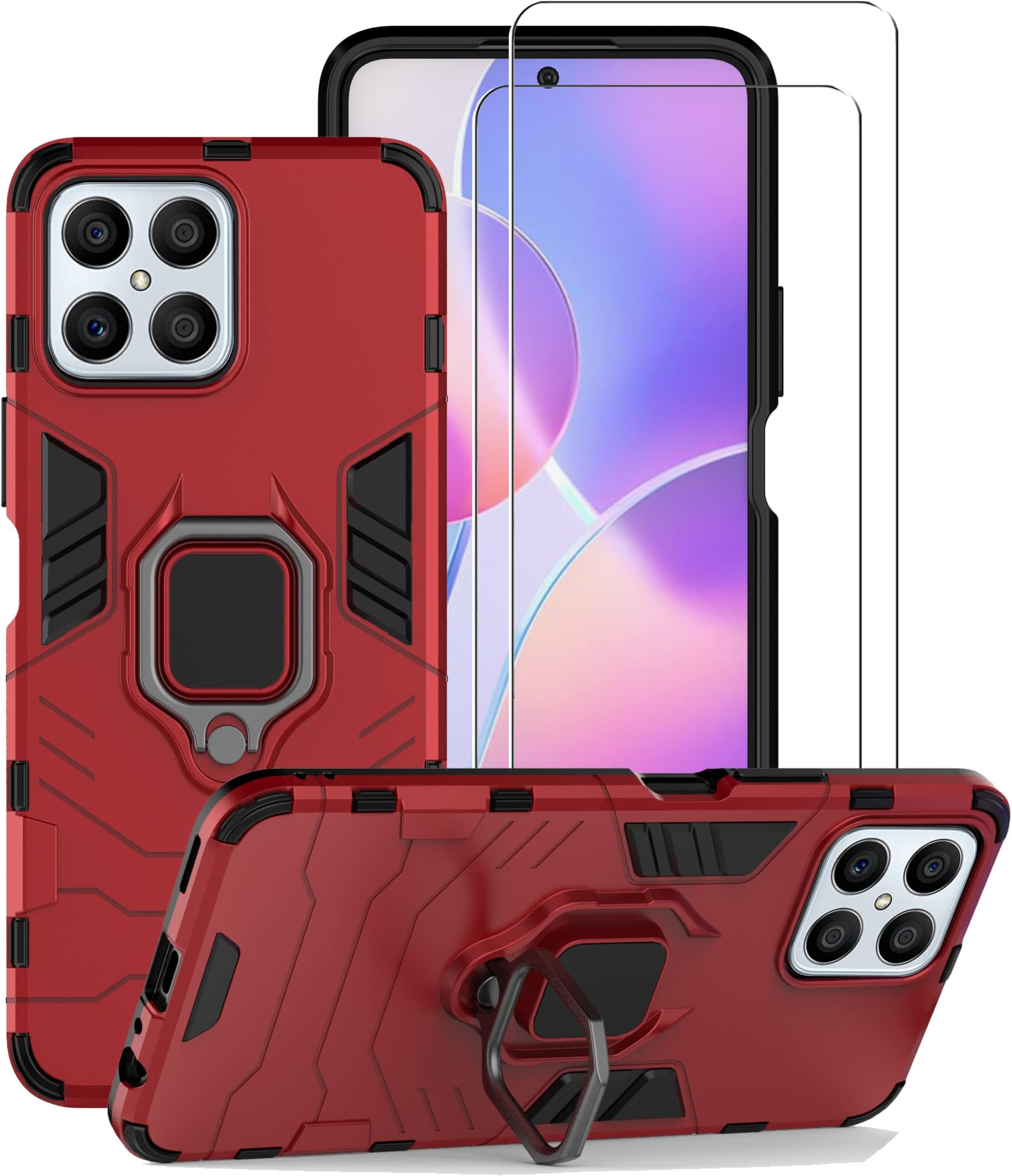 Chengmi ZMONE Phone Case for Honor X8 4G Case Cover with Glass Screen Protector [2 PACK] Heavy Duty Dual Layer Military Grade Shockproof Protective Cover with Magnetic Ring Kickstand - Red