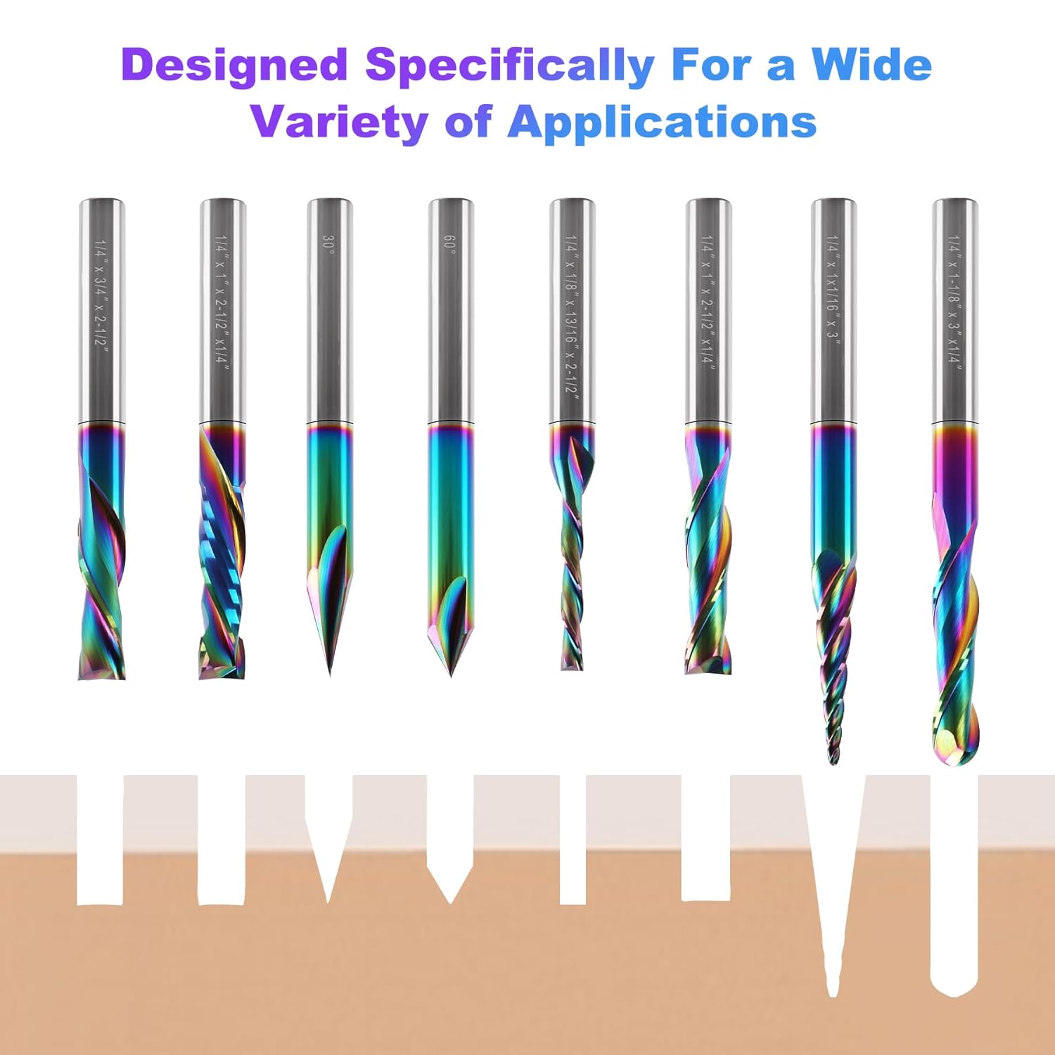 8 PCS DLC Coated CNC Router Bits Set 1/4 Inch Shank, Multiple Uses Solid Carbide End Mills for Woodworking,Ideal for Detail Carving, Trimming, V-Groove Engraving, Slotting & Mortising