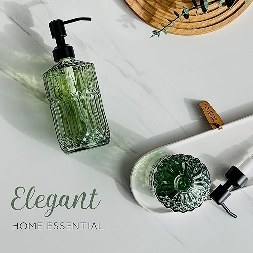 Miniatura 5 de JASAI Dispensador de jabón verde de 18 onzas con bomba negra a prueba de óxido, dispensador de jabón de cocina recargable con vidrio grueso,