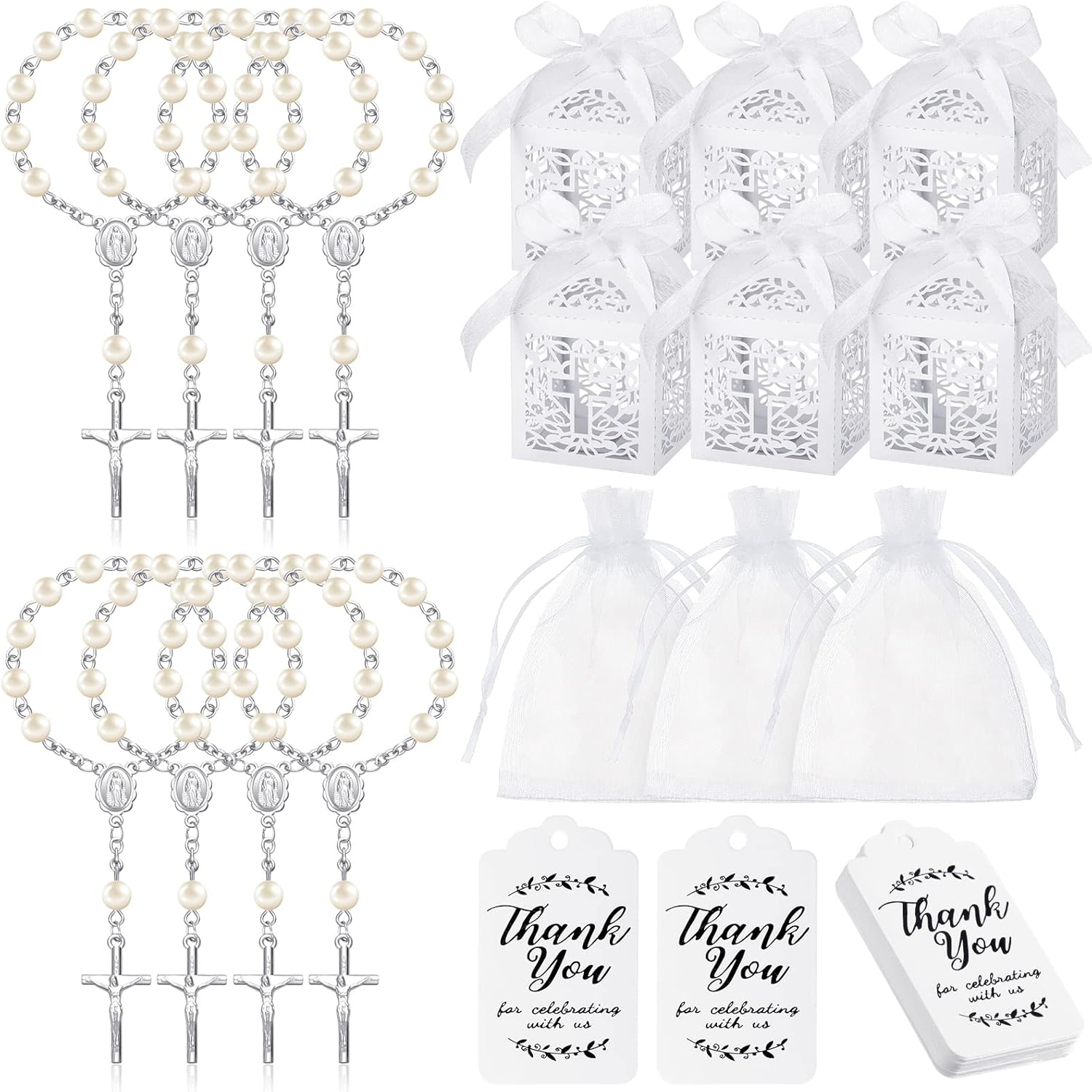 Highergo 200 Pcs Baptism Favors Set, 50 Pieces Mini Rosary 50 Pieces Baptism Party Gift Wrap Boxes Organza Bags with Drawstring Thank Tags for Christening Communion Kitchen(White)