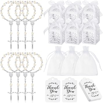 Highergo 200 Pcs Baptism Favors Set, 50 Pieces Mini Rosary 50 Pieces Baptism Party Gift Wrap Boxes Organza Bags with Drawstring Thank Tags for Christening Communion KitchenWhite