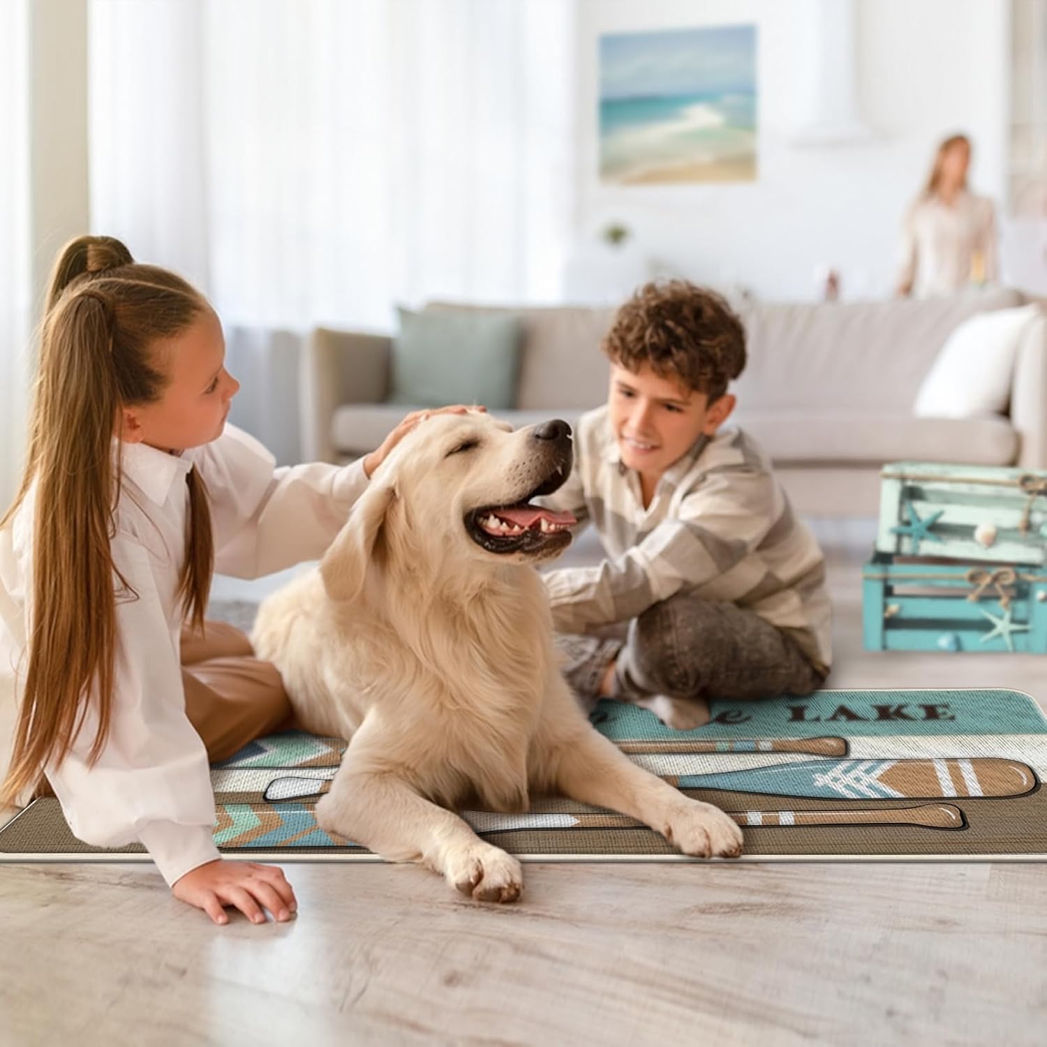 Lake Life Spring Summer Boat Paddle Kitchen Rugs Set of 2, Welcome to The Lake Lakehouse Stripes Kitchen Mats Decor, Farmhouse Rustic Floor Door Mat Home Decorations -17x29 and 17x47 Inch