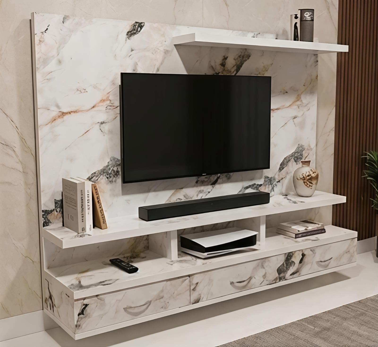 Luxury Marble Finish Engineered Wood TV Entertainment Unit with 3 Drawers & Storage Shelves for Living Room (Size: 5 x 4 Feet, Glossy White & Gold)-image-23