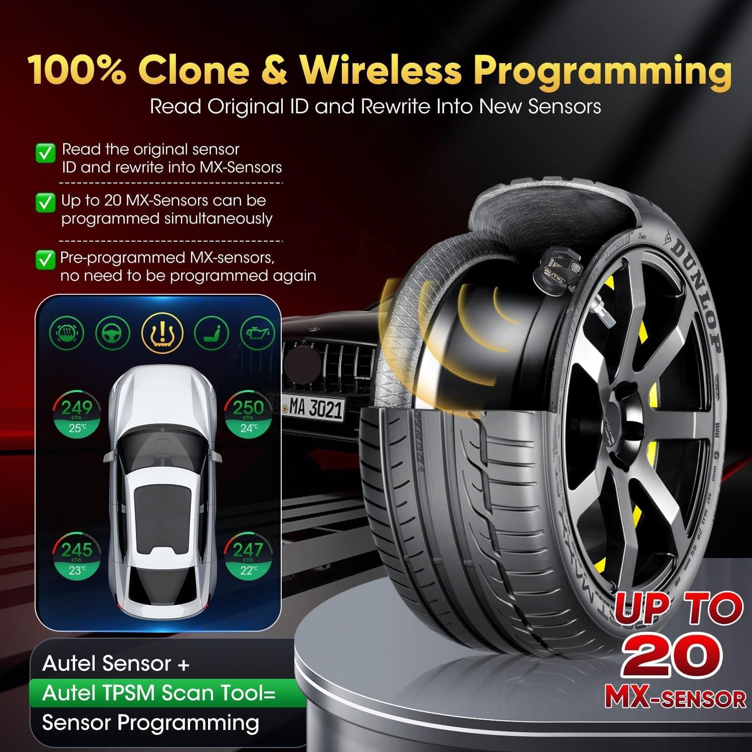 Autel TPMS 2 en 1 MX-Sensor, Sensor Sistema Monitor Presión Neumáticos a Presión 1 Sensor, Sensor TPMS Inalámbrico Programable & Clonable Nivel OE para Todos Vehículos (Válvula Goma, 4 Unidades)