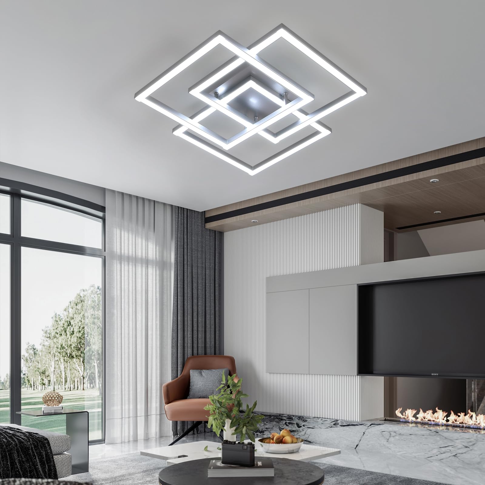 DELIPOP Plafoniera LED Soffitto Dimmerabile 3000K-6500K, Lampadario Camera da Letto Moderno 40W 4500LM, Lampada da Soffitto Argenteo Quadrata per Soggiorno, Camera da Letto, Sala da Pranzo